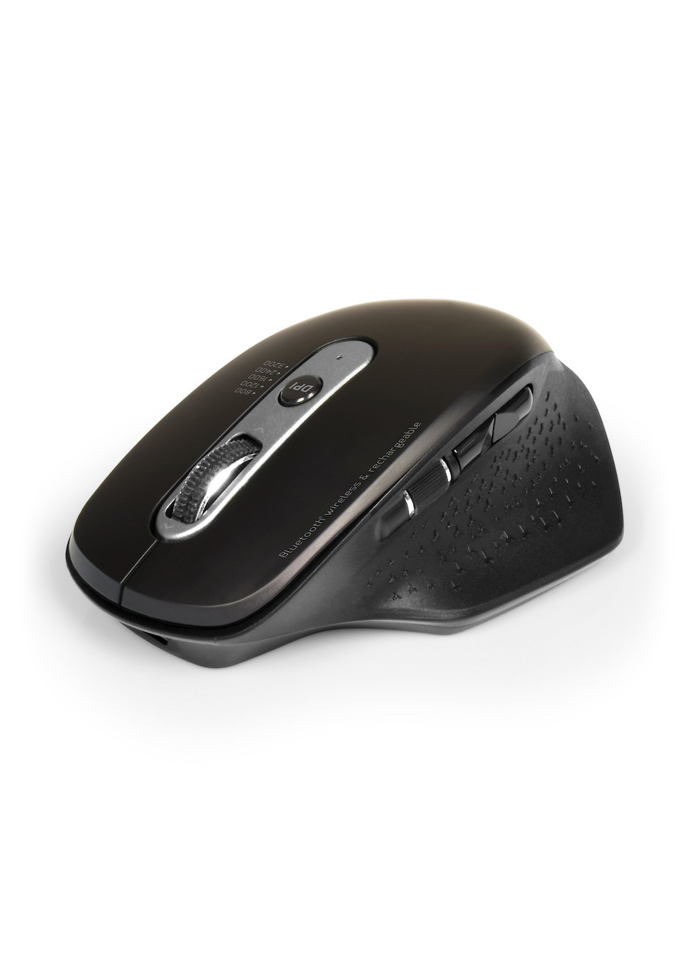 Un mouse nero con rotella laterale e pulsanti su sfondo bianco.