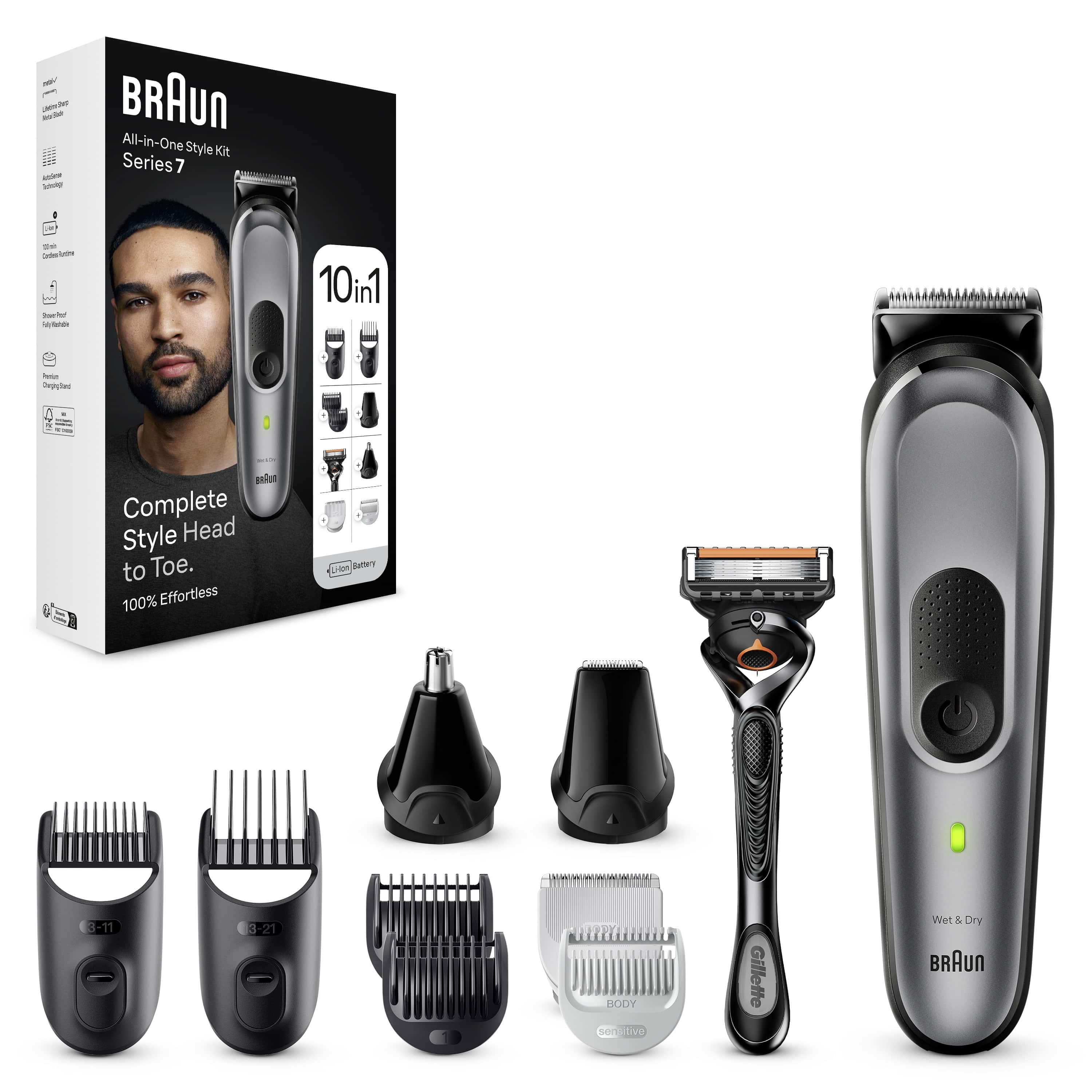 Braun Series 7 Hepsi Bir Arada Stil Kiti, düzeltici, Gillette tıraş bıçağı ve aksesuarlar.