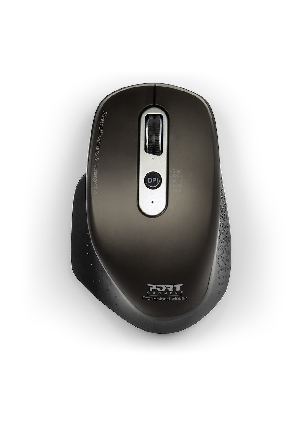 Mouse grigio scuro con rotella e pulsante DPI.