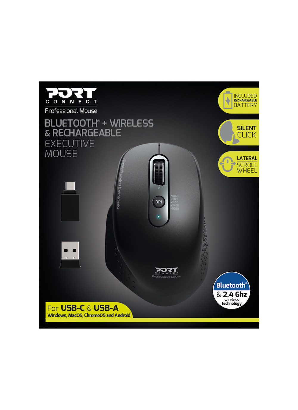 Mouse wireless nero con ricevitore USB e informazioni sul prodotto.