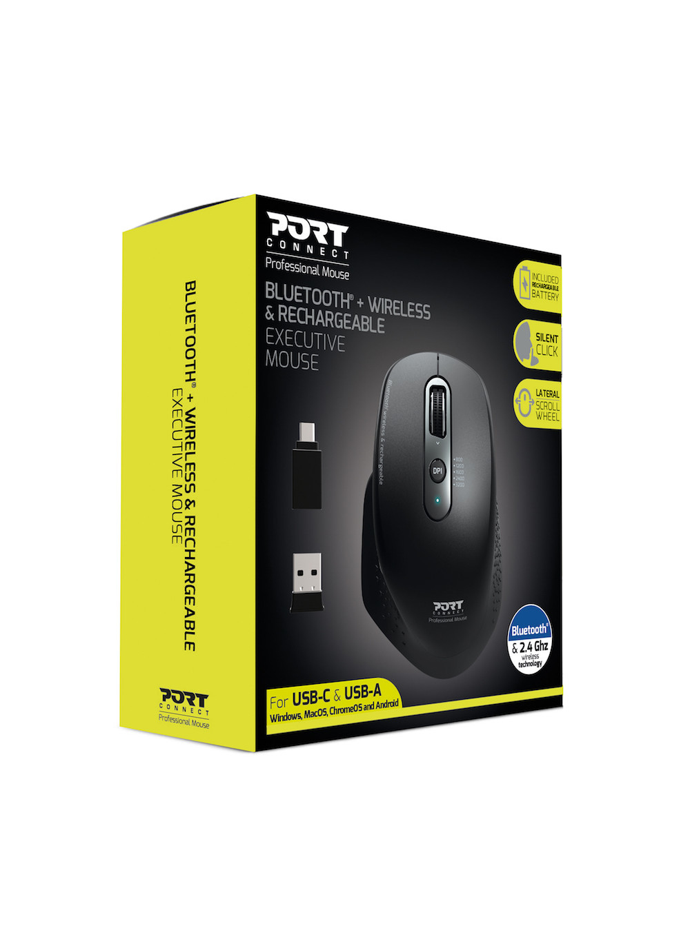 Mouse nero in scatola con dongle USB e informazioni, sfondo bianco.