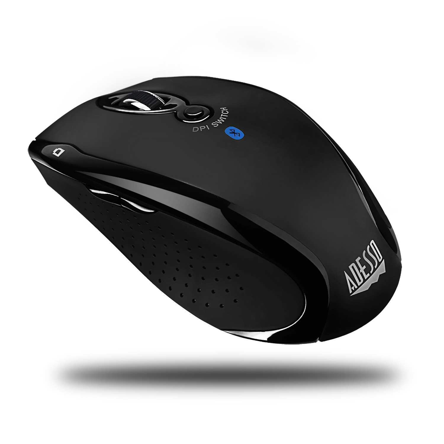 Mouse wireless nero. Ha una rotella di scorrimento e pulsanti laterali. Il marchio è Adesso.