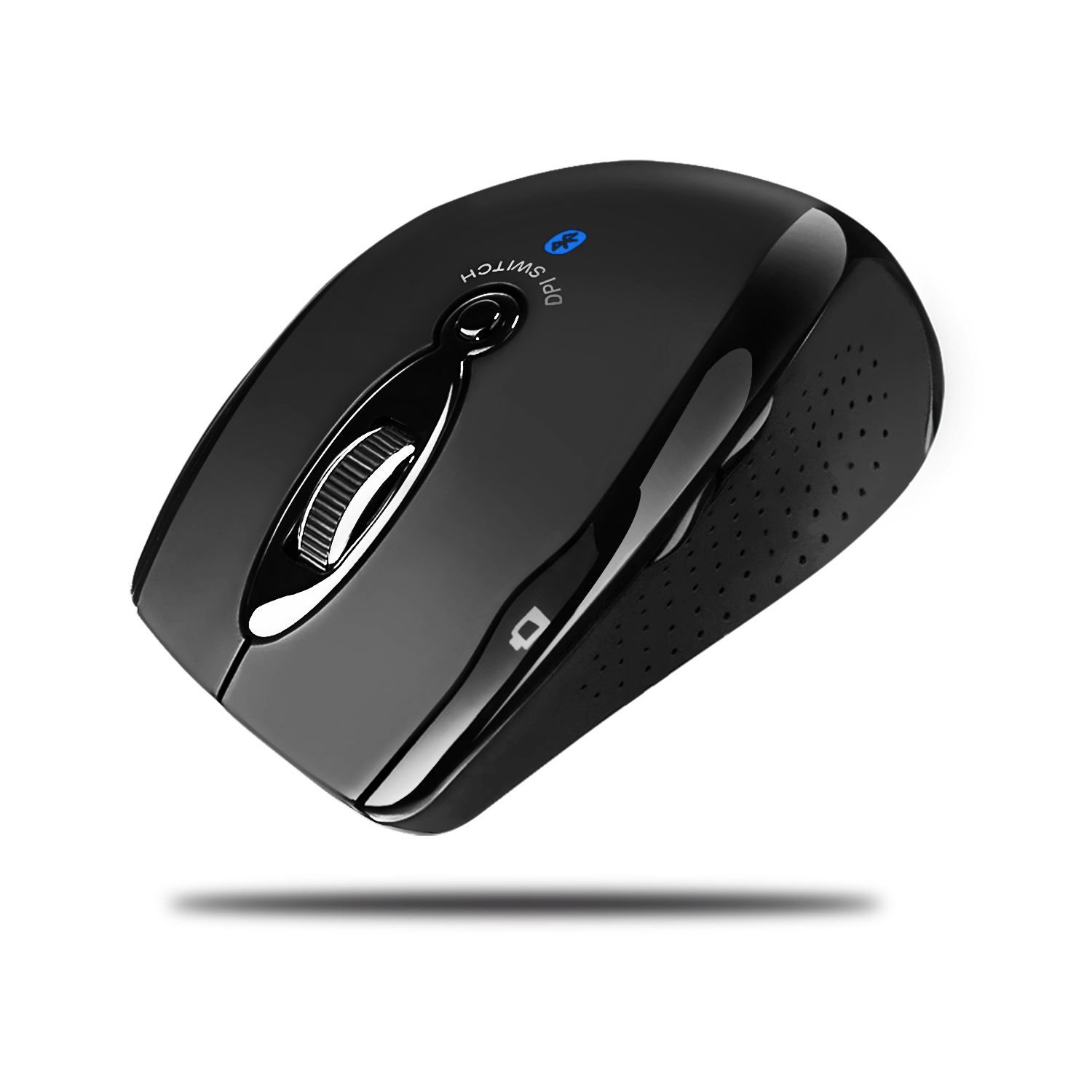 Un mouse nero ergonomico con rotella e interruttore DPI, su bianco.