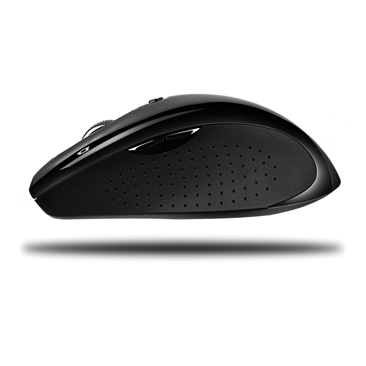 Mouse nero su una superficie bianca con ombra sotto.