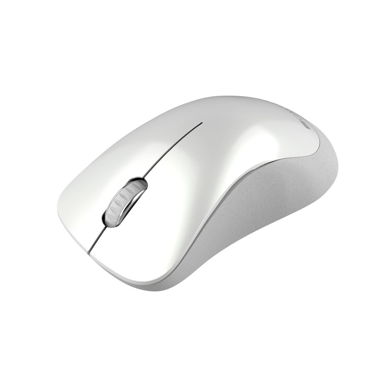Souris blanche et argentée. Le dessus est blanc avec une molette argentée.