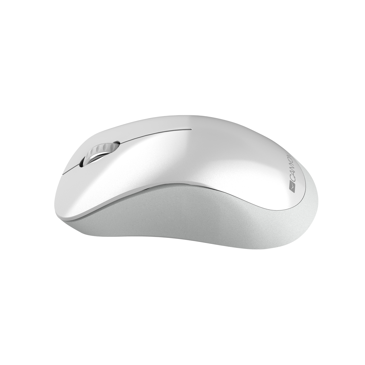 Souris blanche avec une molette. C'est un design moderne. La marque est dessus.