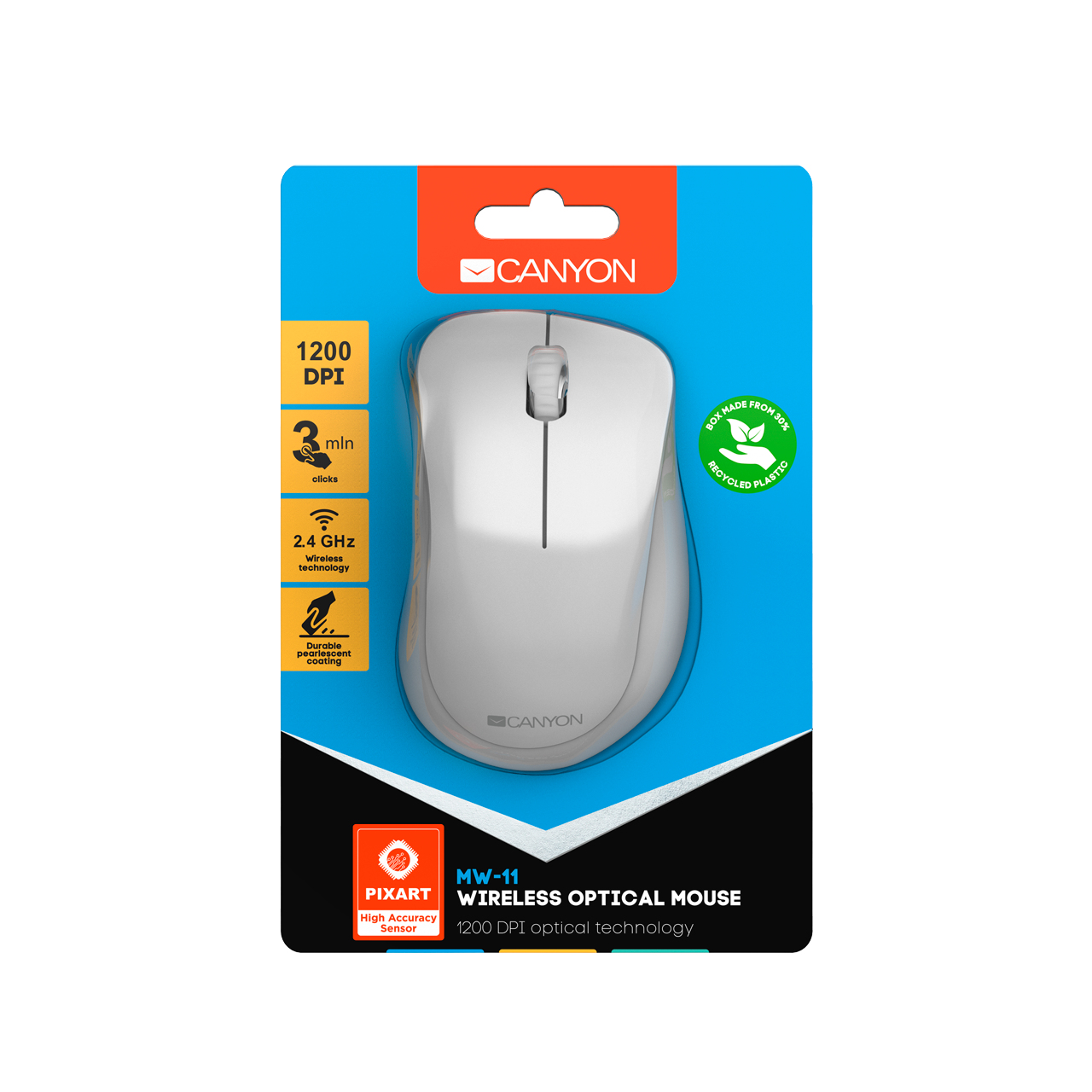 Souris dans son emballage. Souris blanche, sur une carte bleue et noire. La marque est Canyon.