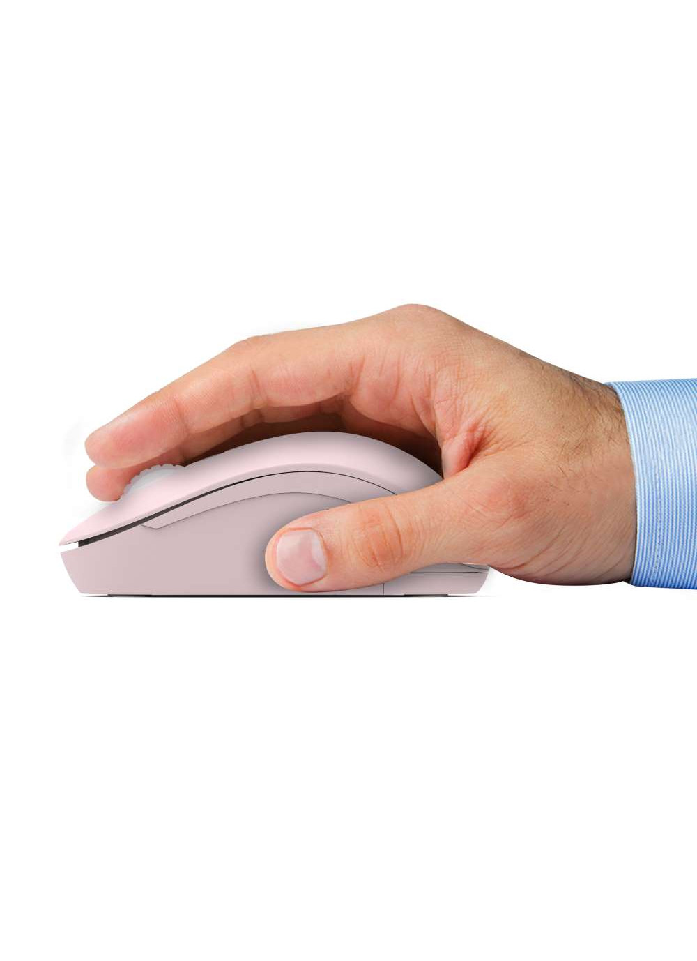 A hand holding a light pink computer mouse. A blue-striped shirt is in the background.