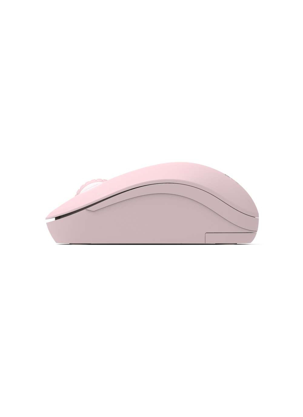 Pink mouse, side view, with scroll wheel.