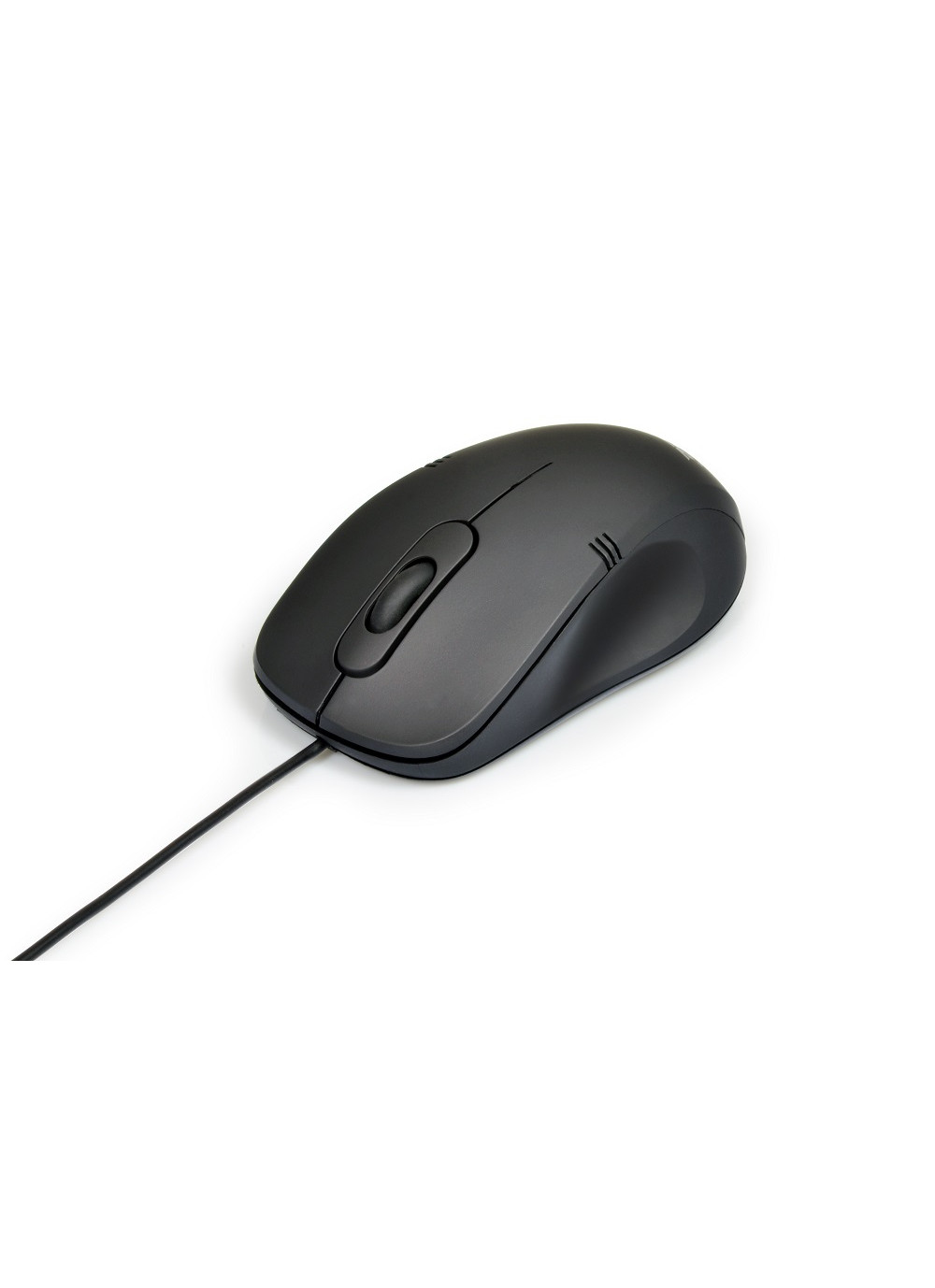 Schwarze Maus mit Kabel. Es hat ein einfaches Design. Die Maus hat Tasten.