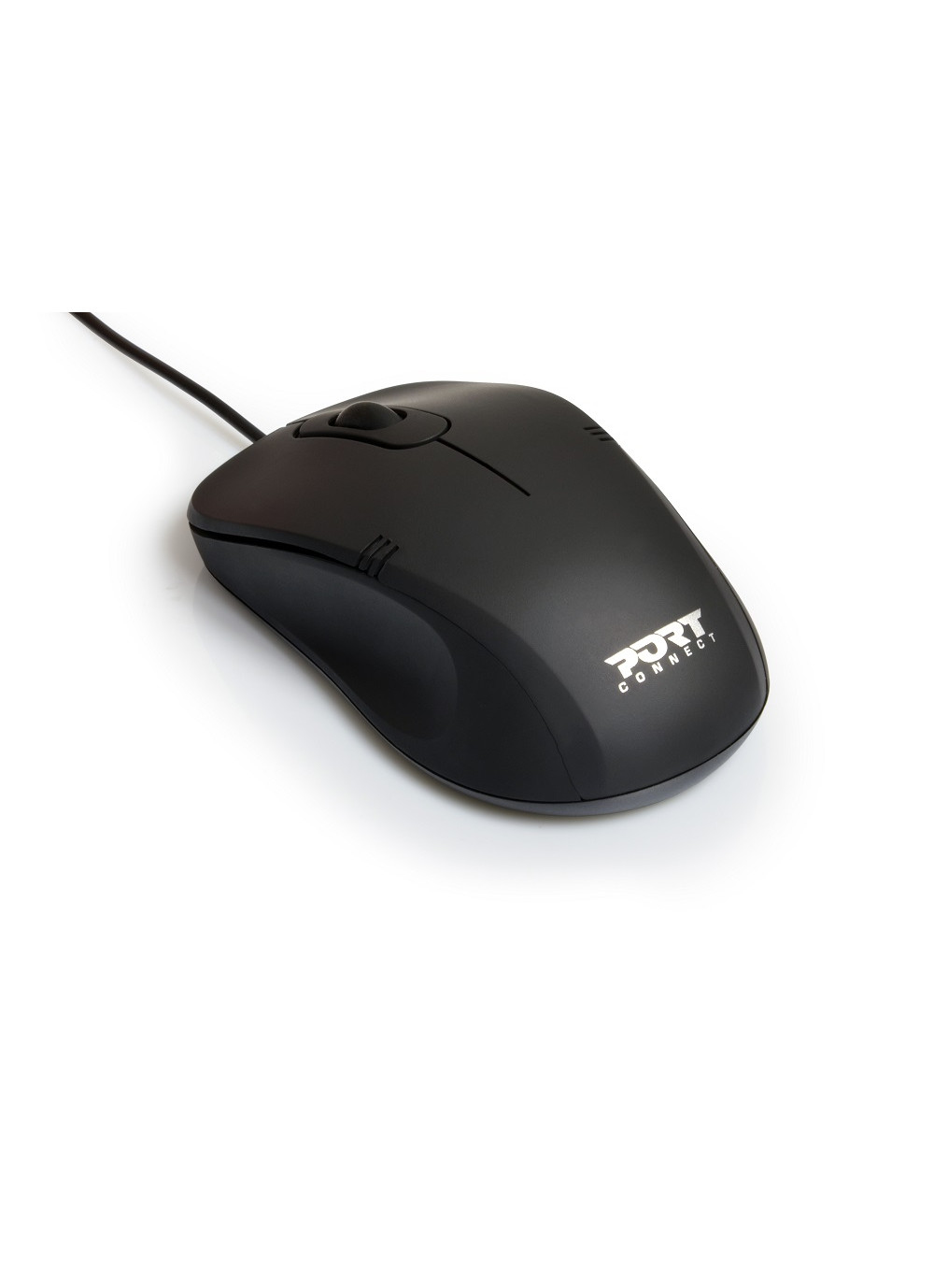 Schwarze Maus auf weißem Hintergrund. Die Maus hat ein Kabel. Es ist ein ergonomisches Design.