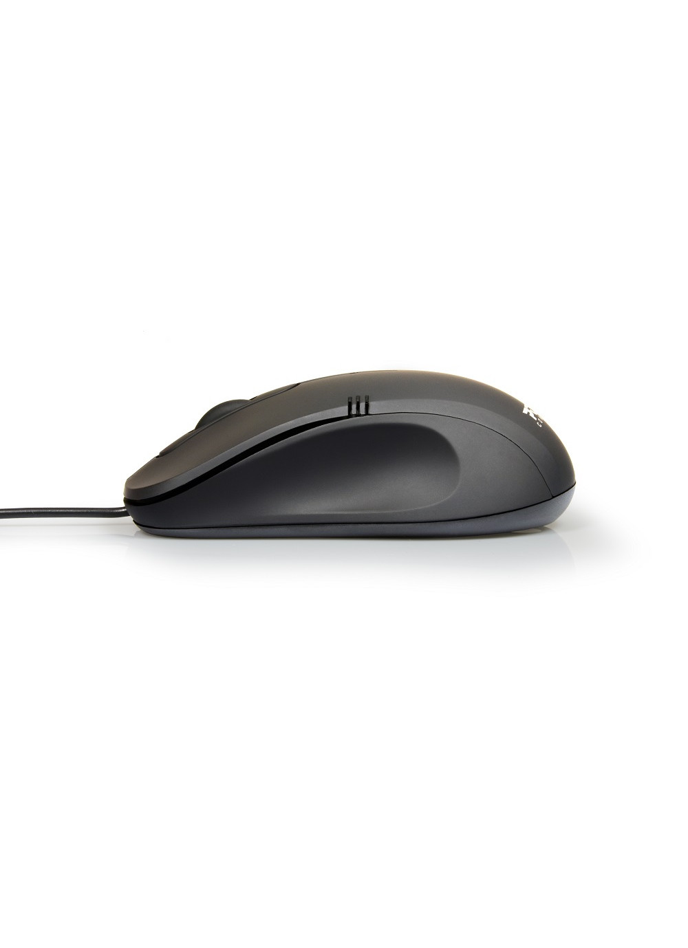 Ratón de ordenador negro con cable. Es un diseño sencillo, sobre un fondo blanco.