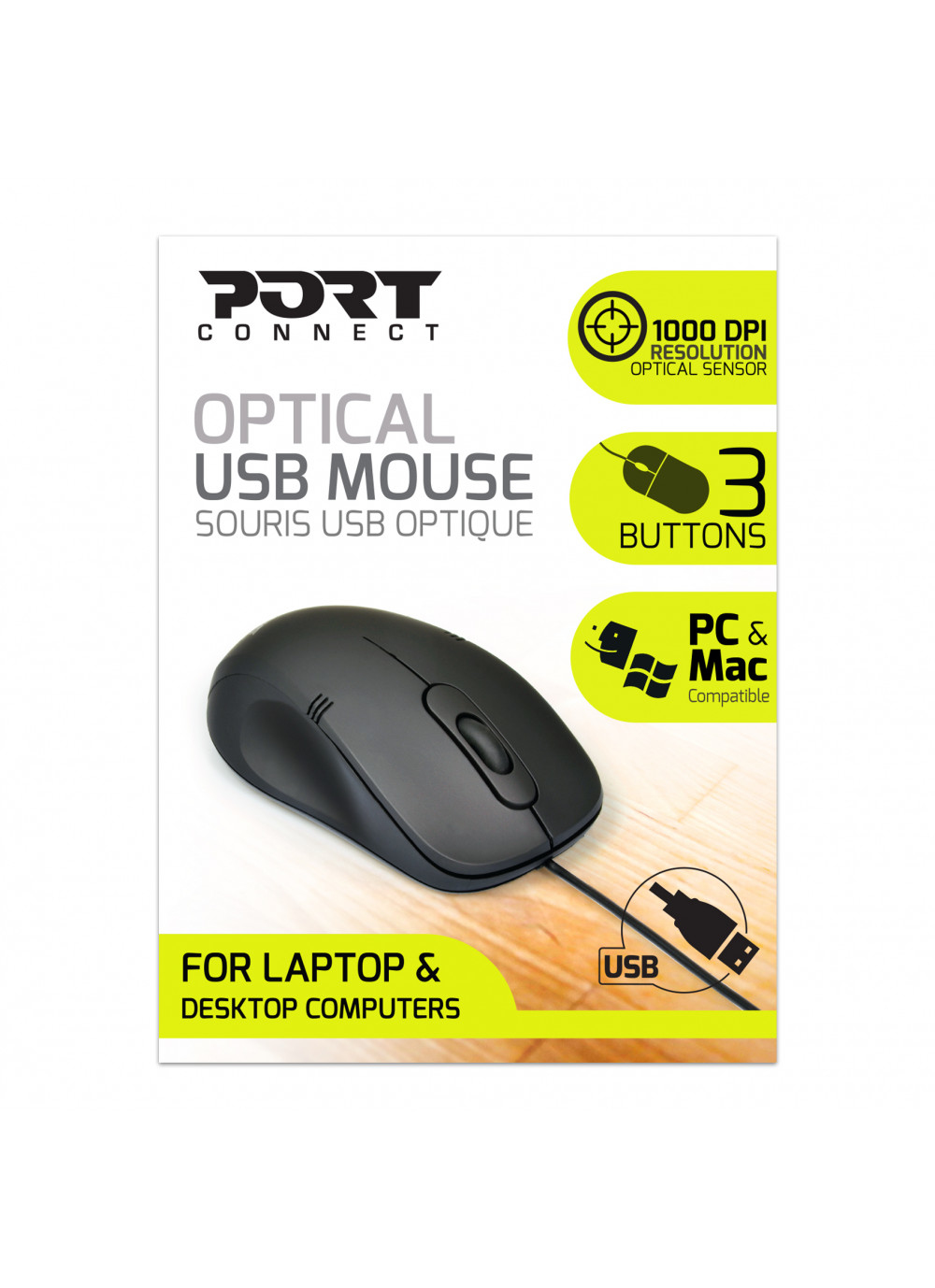Embalaje del ratón. El ratón es negro. Incluye conexión USB y 3 botones.