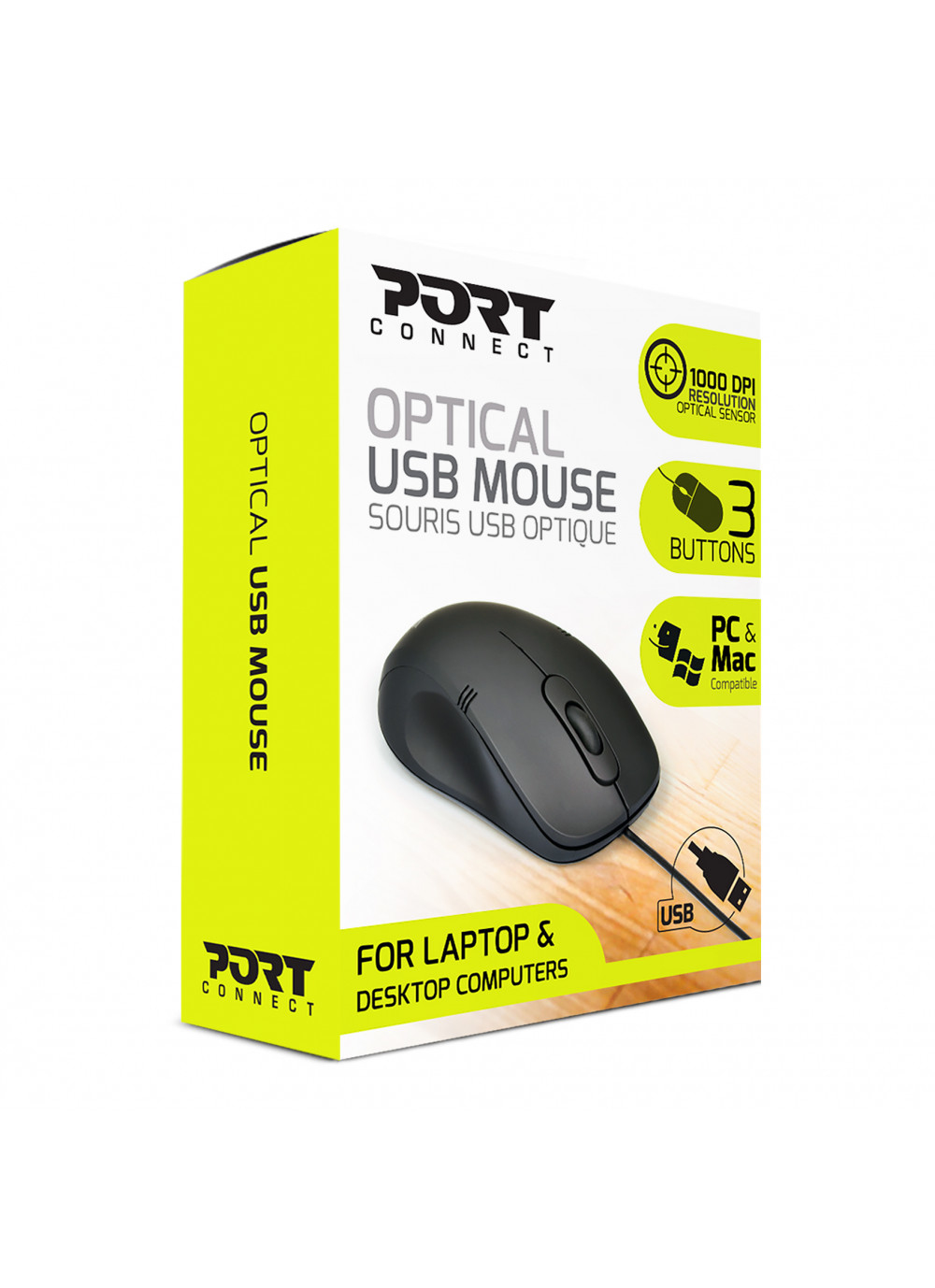 Un ratón USB negro en una caja. La caja tiene texto que describe el ratón y sus características.
