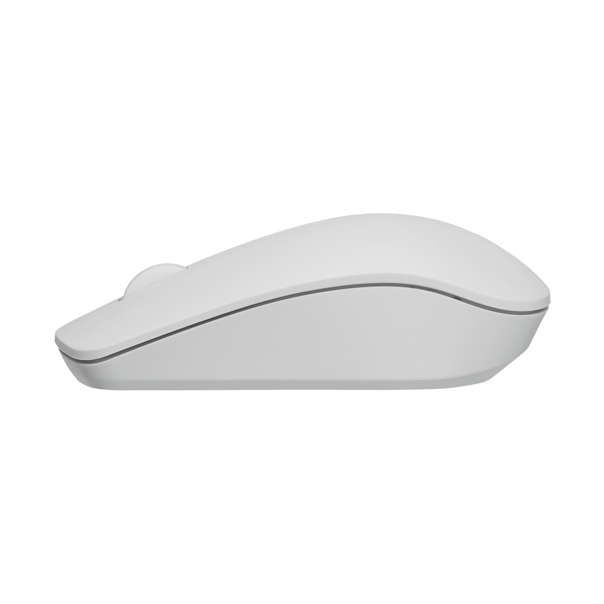 Mouse bianco con un design curvo. Il lato è grigio.