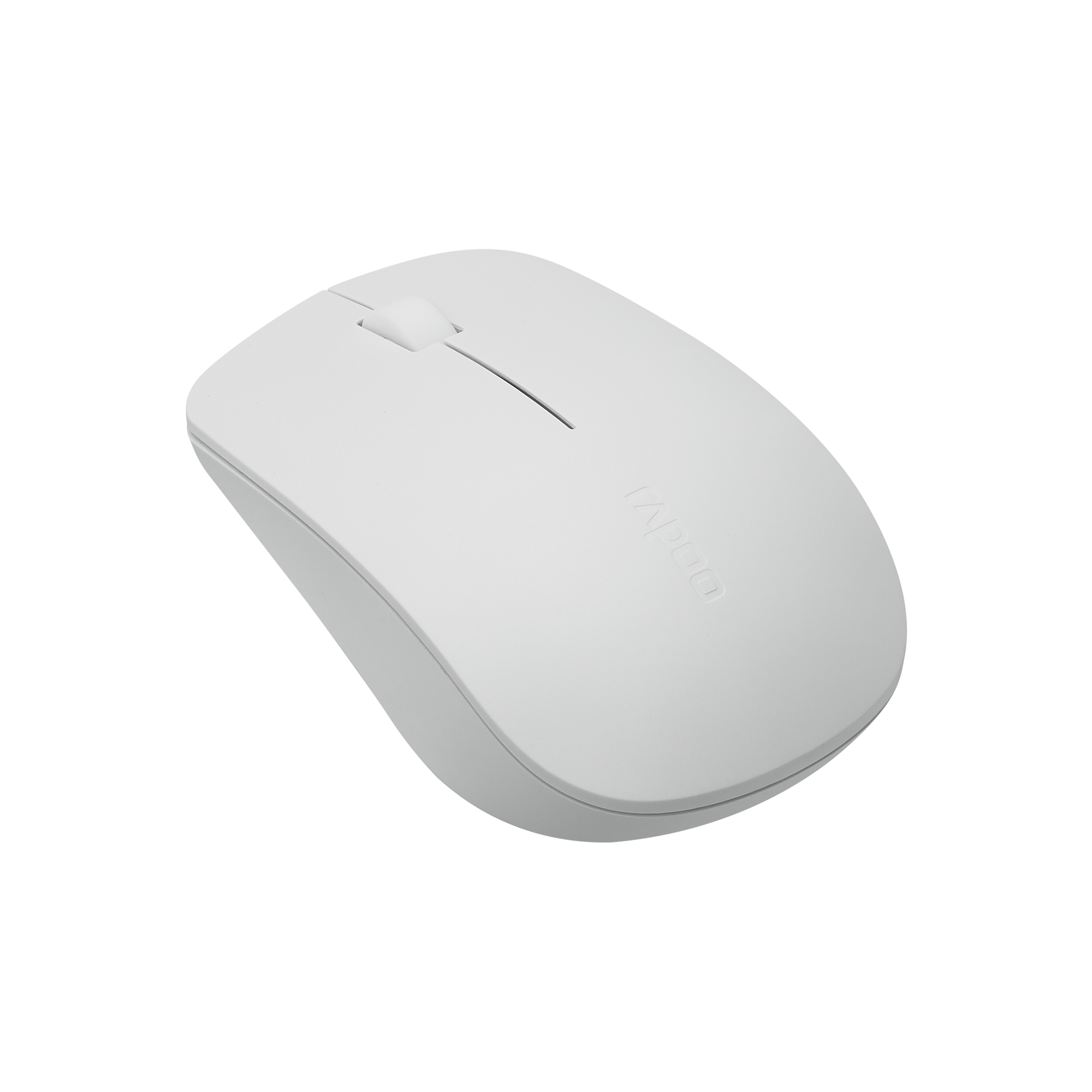 Mouse bianco con rotella, su sfondo bianco.