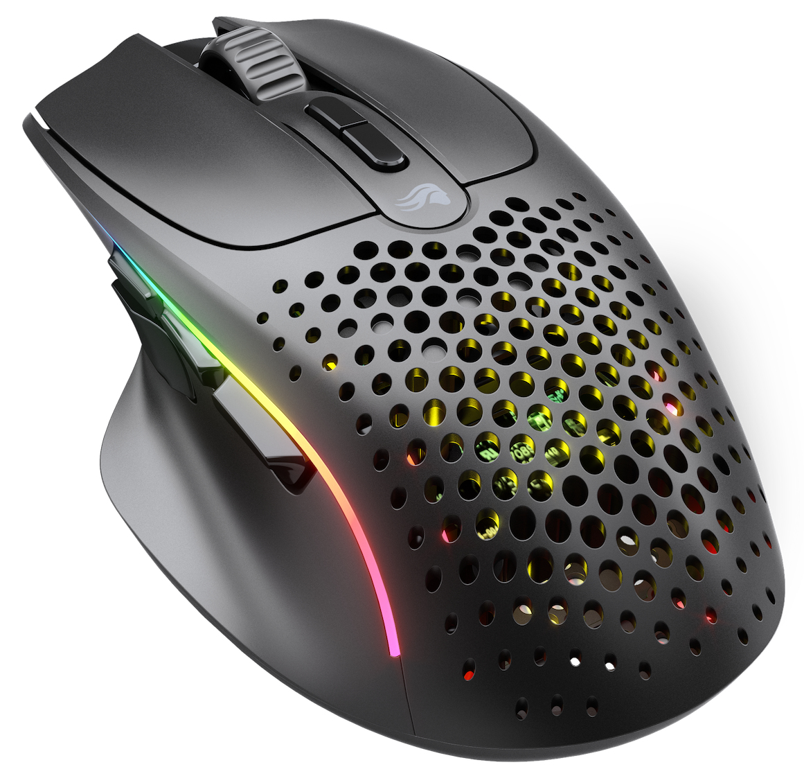 Czarna mysz o futurystycznym designie. Ma dużo otworów i światła RGB.
