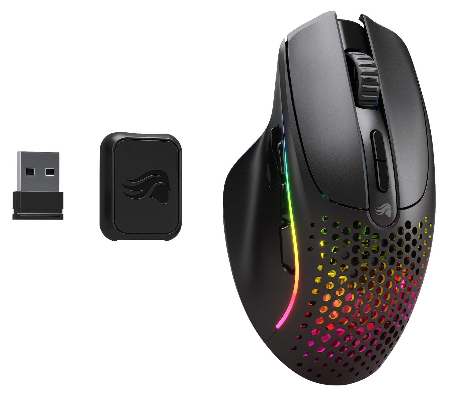 Czarna mysz do gier z oświetleniem RGB. Ma wzór plastra miodu i odbiornik bezprzewodowy.