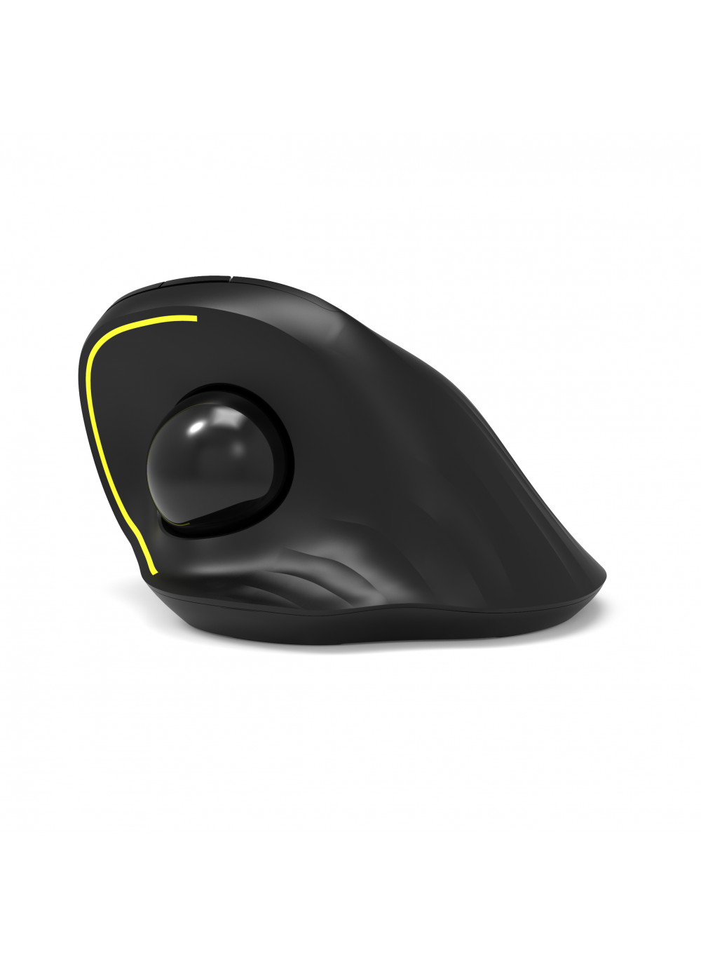 Zwarte ergonomische muis met gele omtrek en zwarte bal. Witte achtergrond.