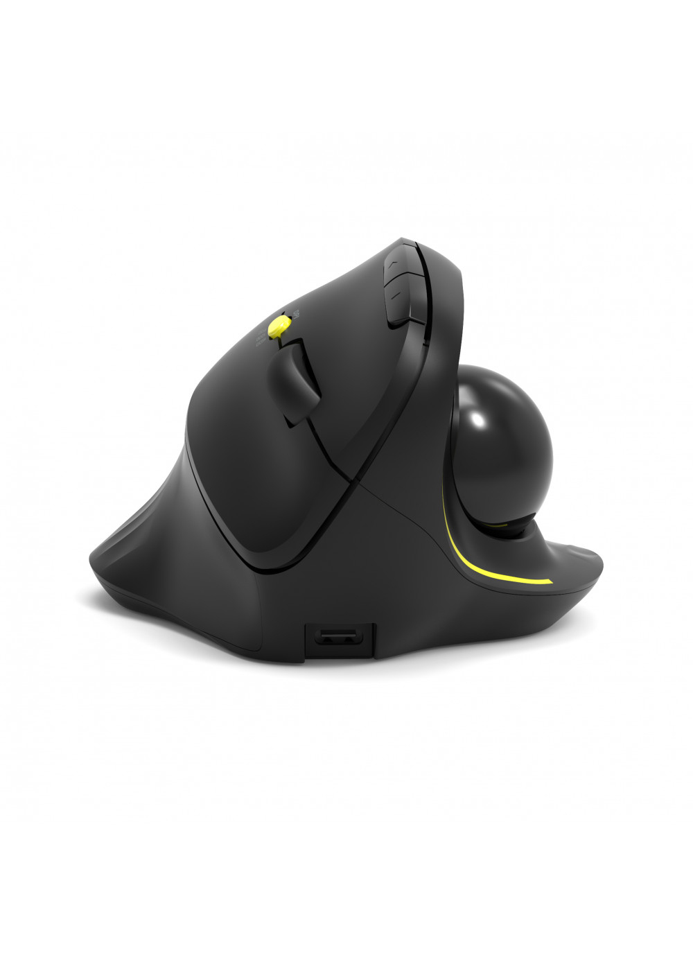 Zwarte ergonomische muis op wit. Het heeft een trackball en gele accenten.