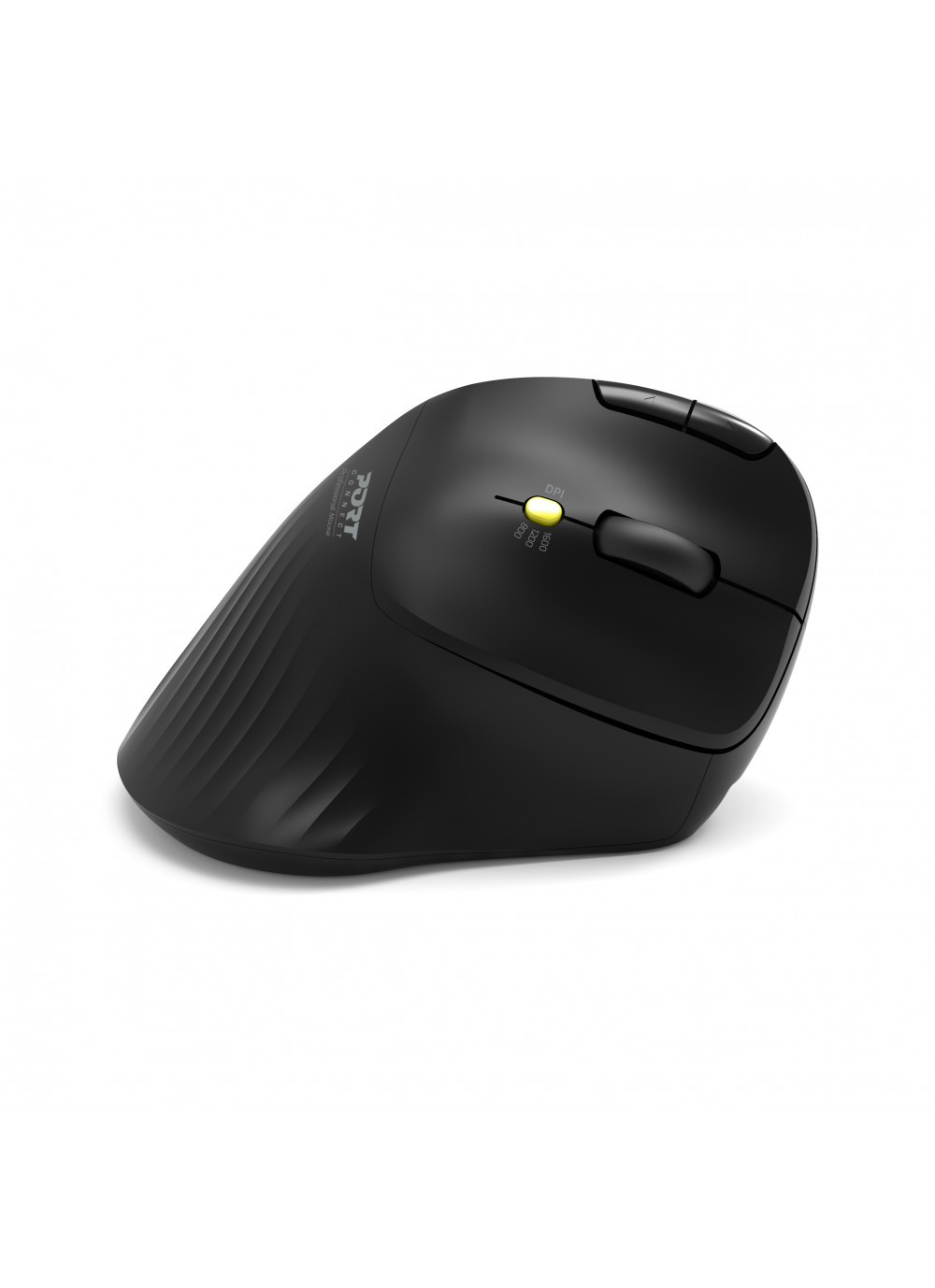 Zwarte ergonomische muis, verticaal ontwerp, met knoppen en een witte achtergrond.