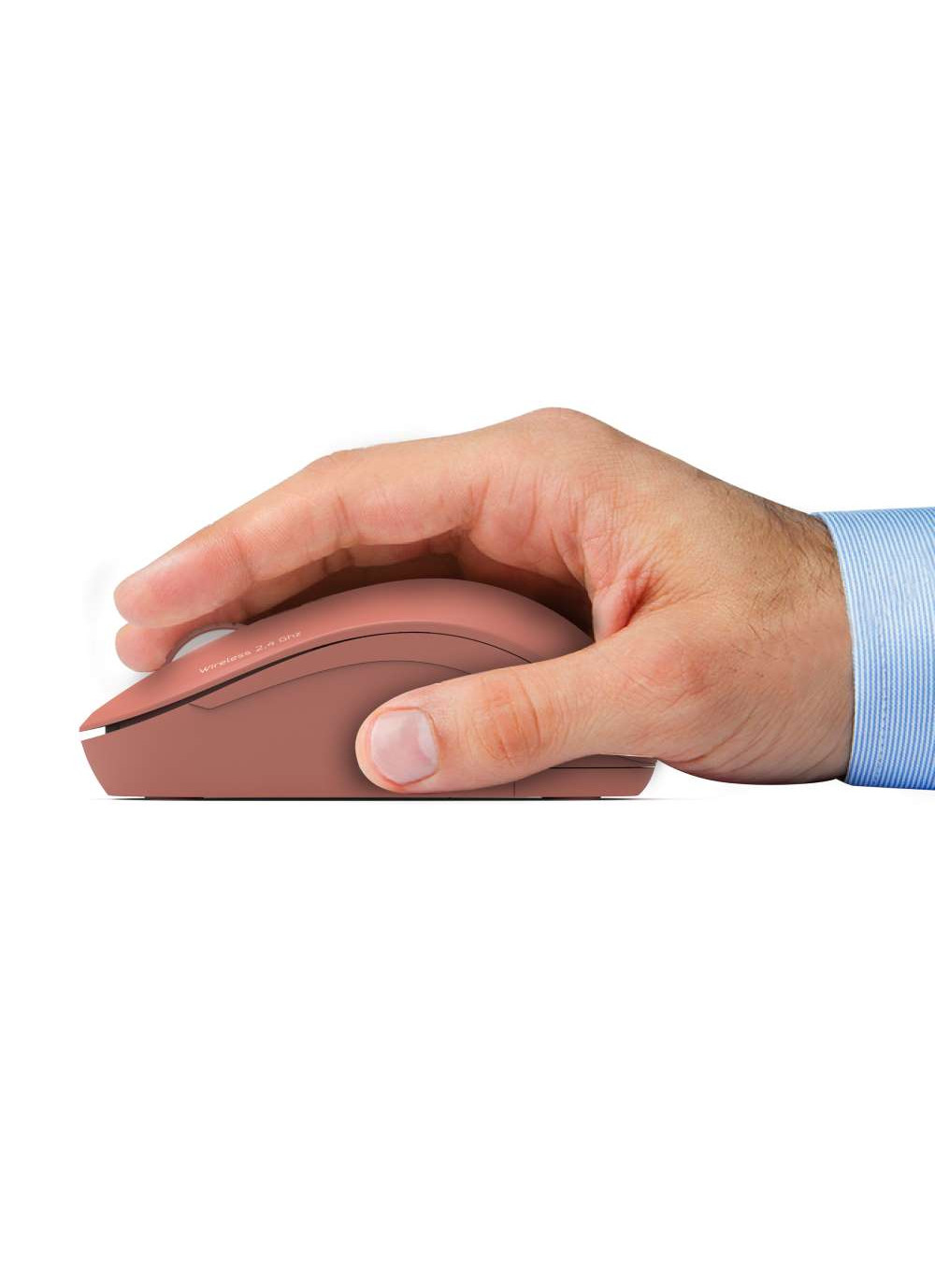 A hand holding a pink mouse, with a white background.