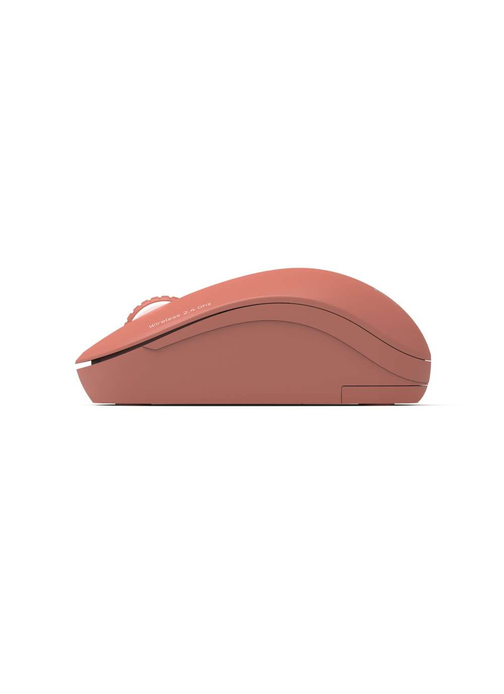 Brown mouse, side view, with scroll wheel.