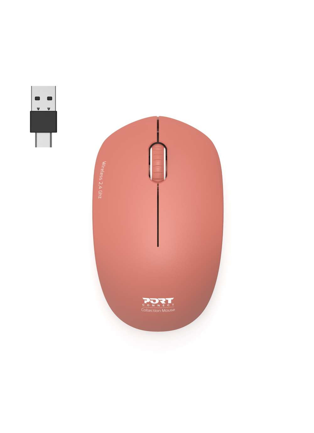 A coral-colored wireless mouse on a white background; a USB receiver is next to it.