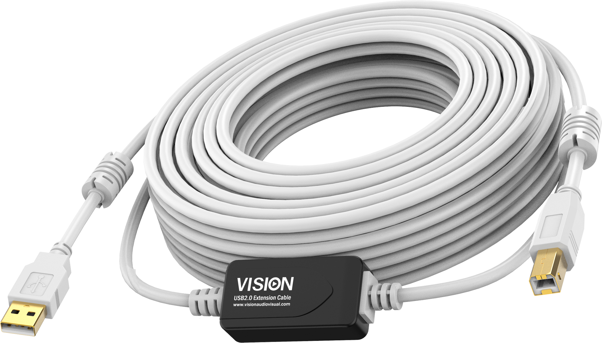 Cavo di prolunga USB bianco con connettori su una superficie bianca.