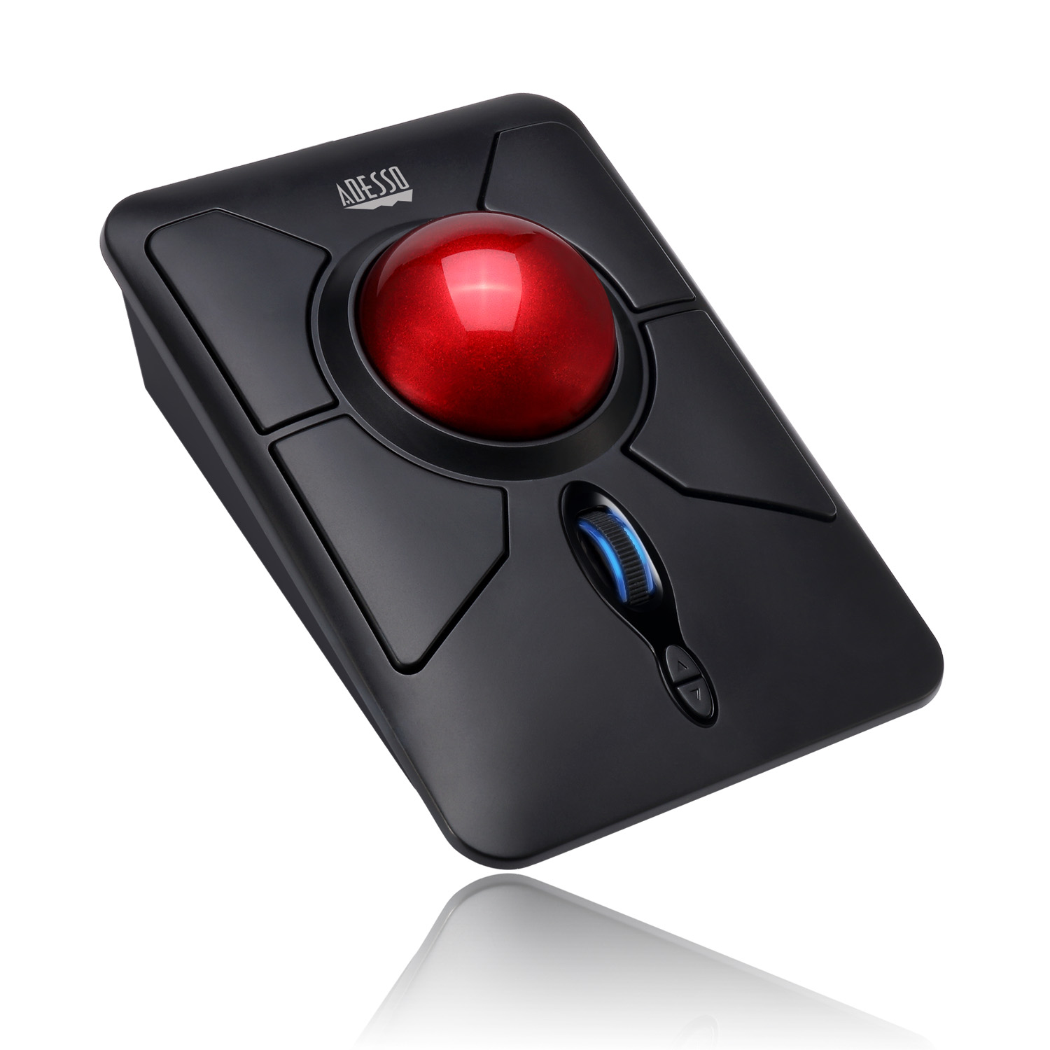 A black trackball mouse with a red ball, and black buttons. It is on a white background.