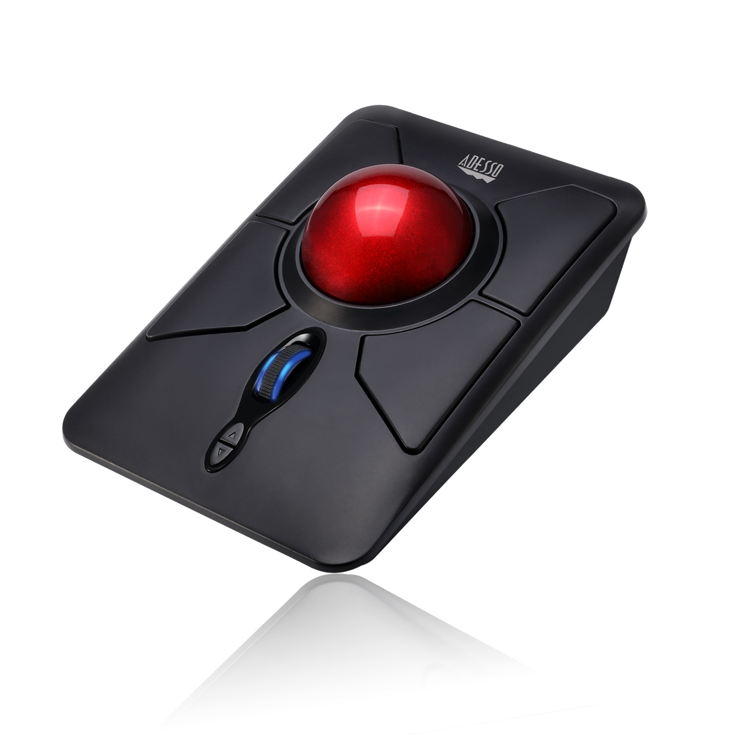 Black trackball mouse with a red ball and buttons. White background.