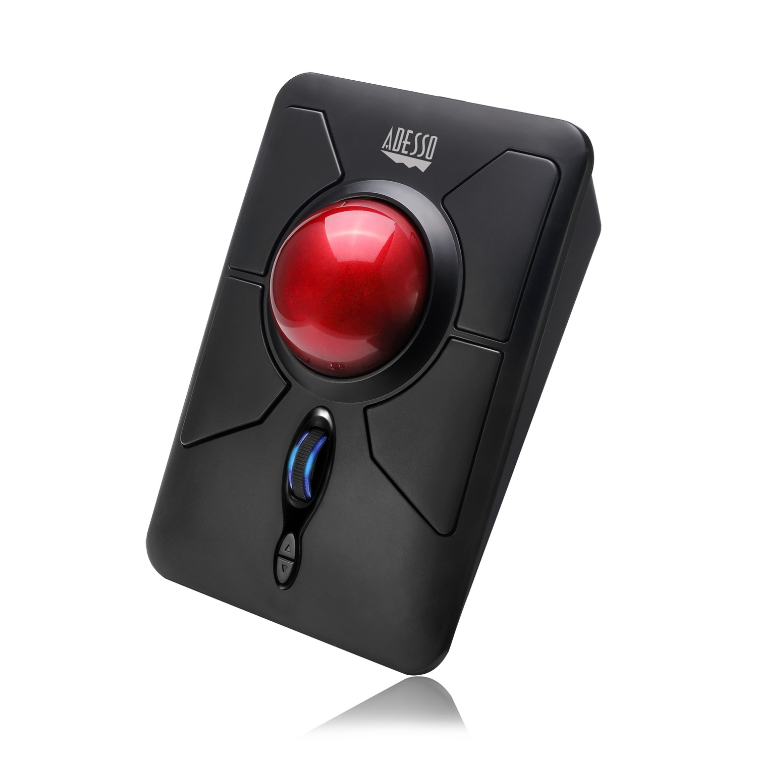 Black trackball mouse with red ball and ADESSO logo.
