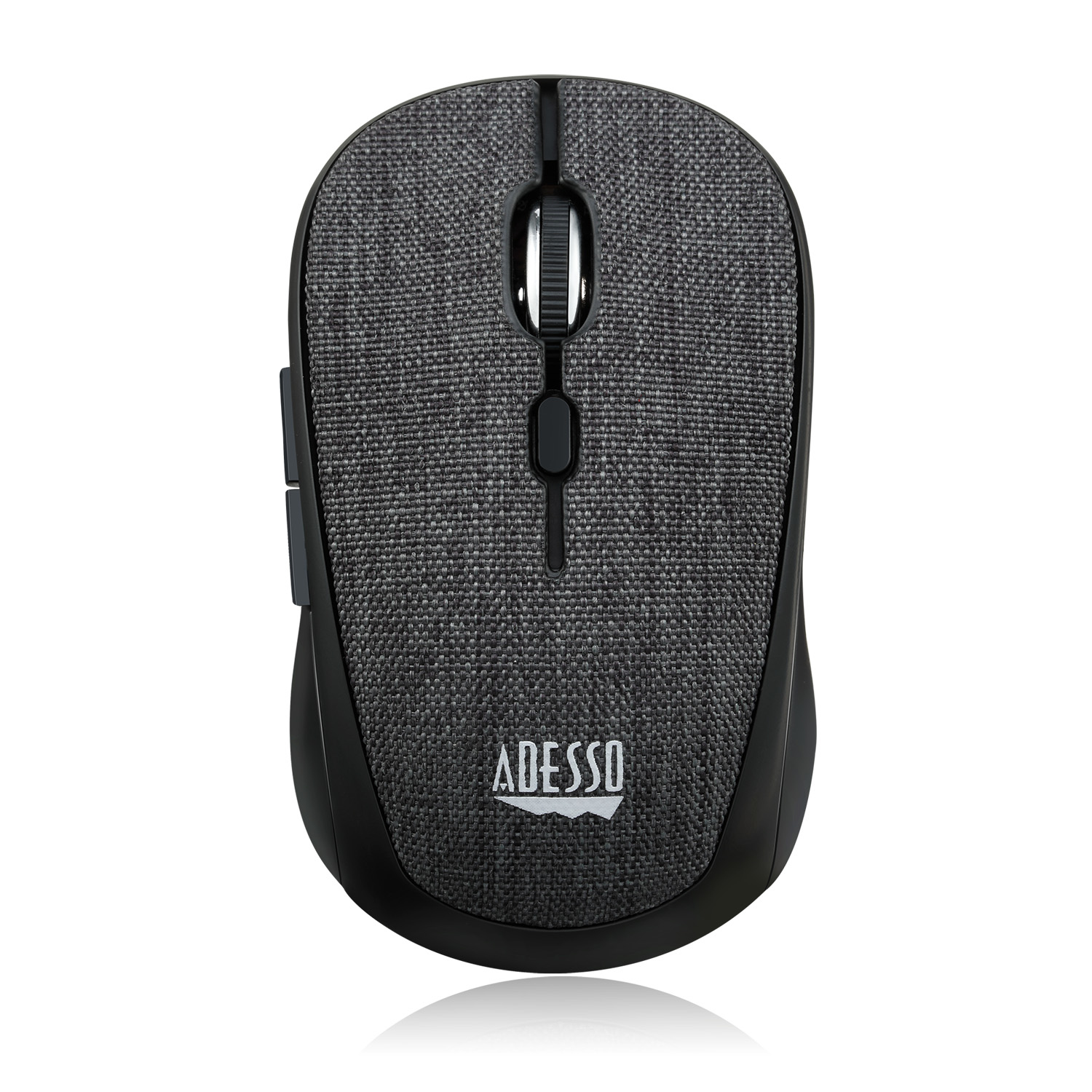 Mouse nero con parte superiore in tessuto grigio e logo su bianco.