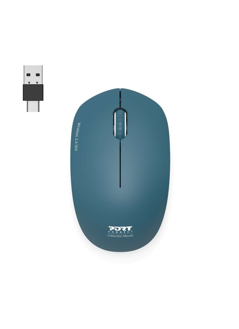 Ratón inalámbrico turquesa con conector USB-C. Logotipo de PORT visible.