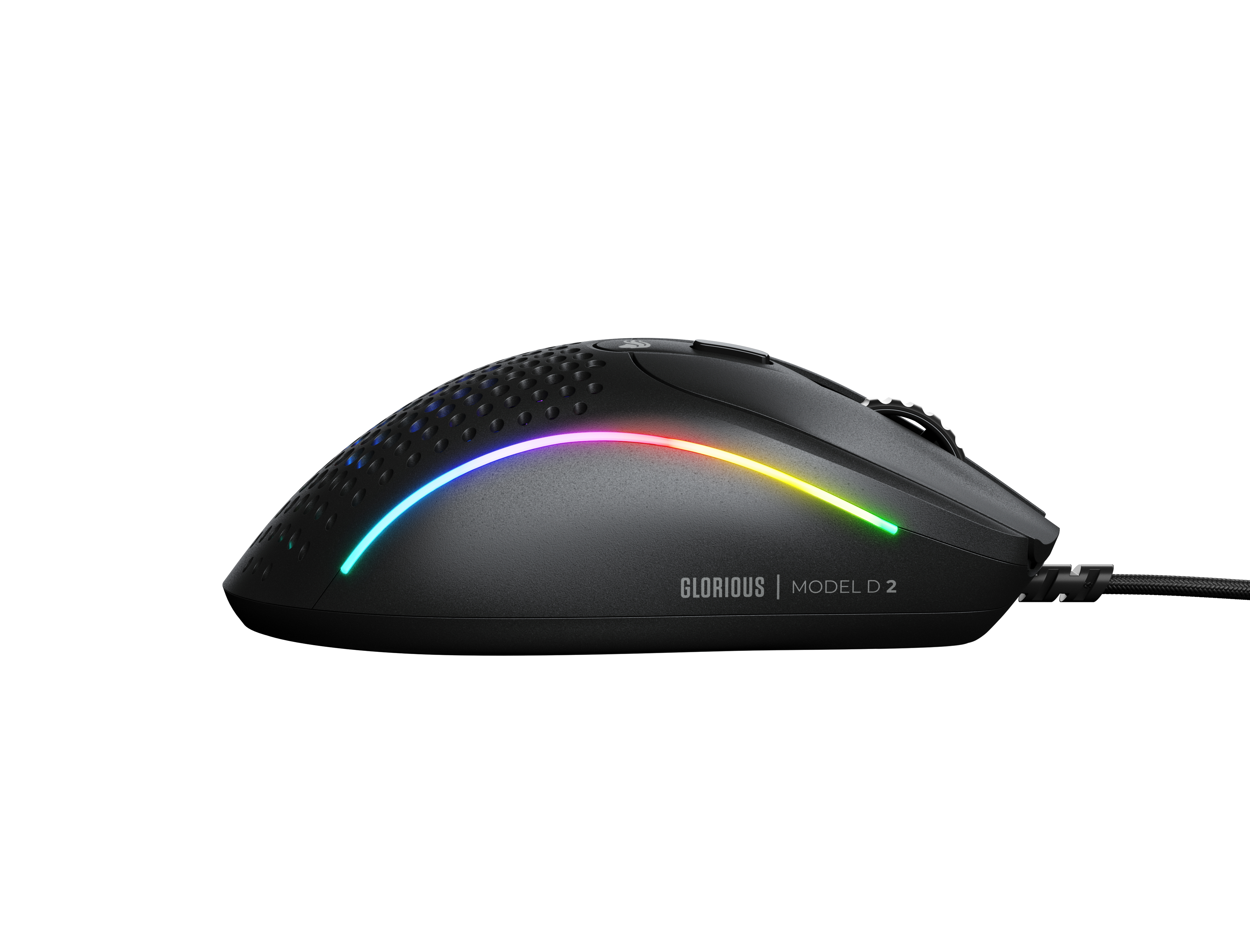 Black gaming mouse with RGB lights, side buttons, on a white background.
