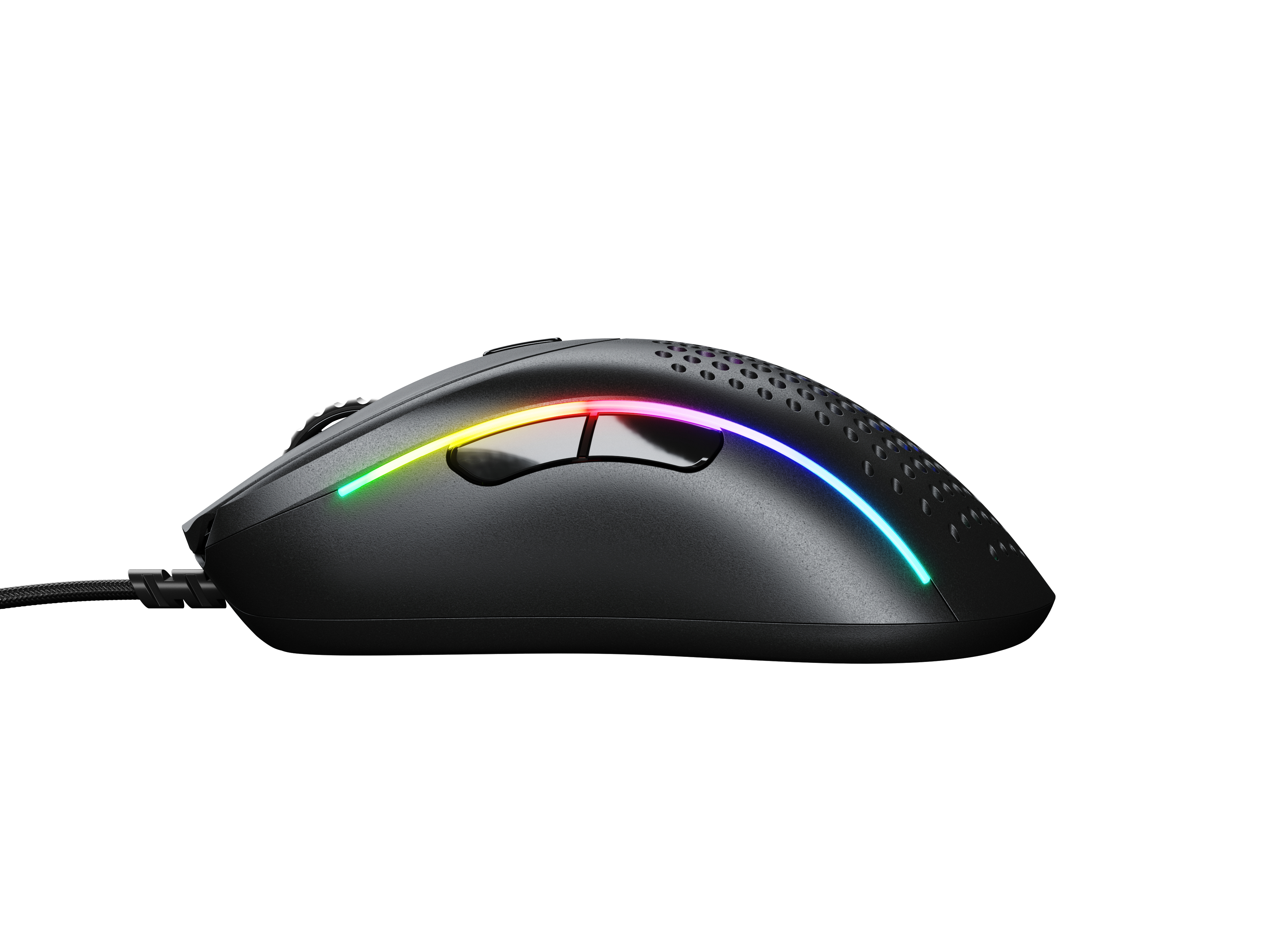 Black gaming mouse with a colorful LED stripe.