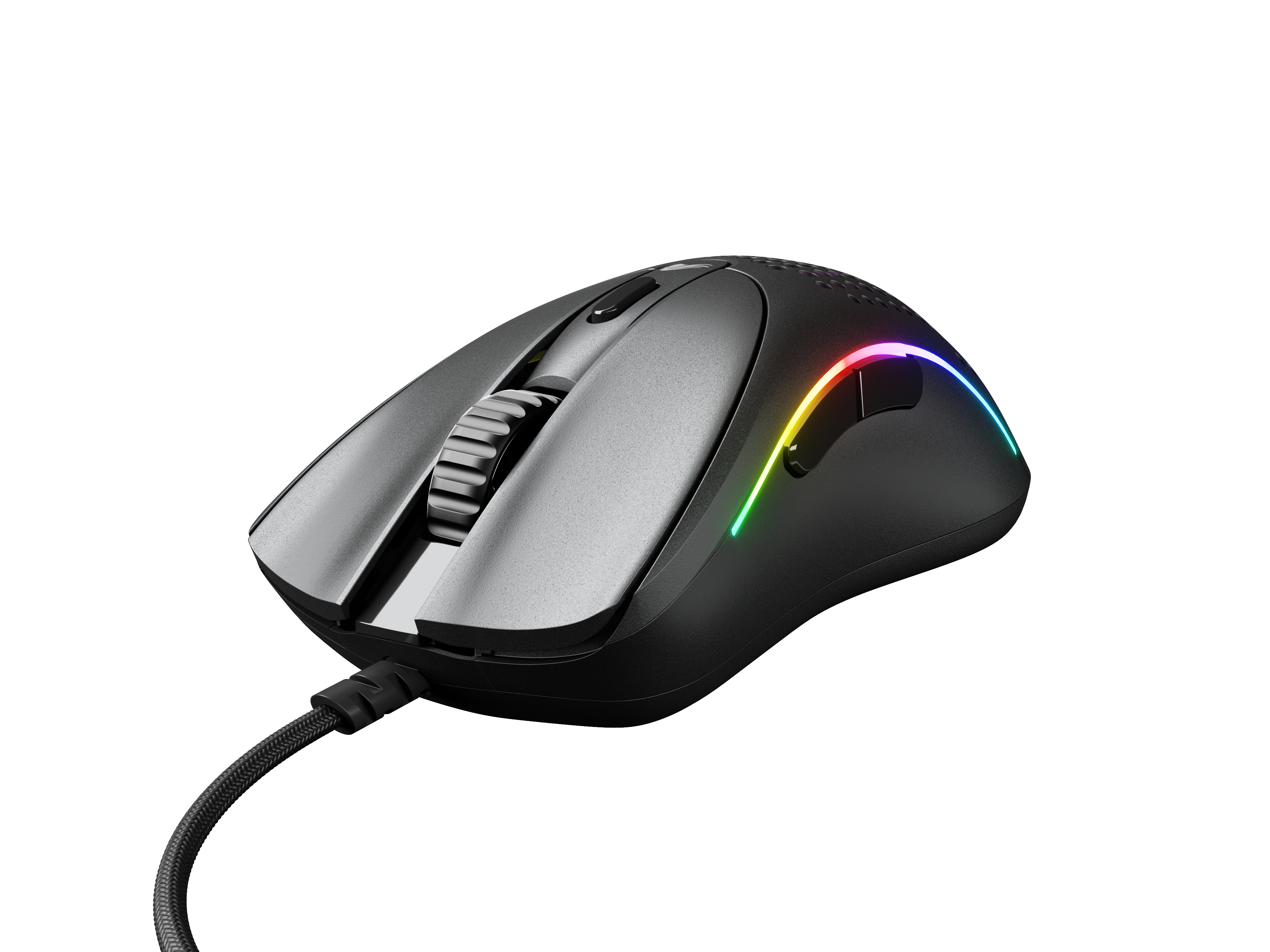 A black mouse with a silver scroll wheel and RGB lighting along the edges.