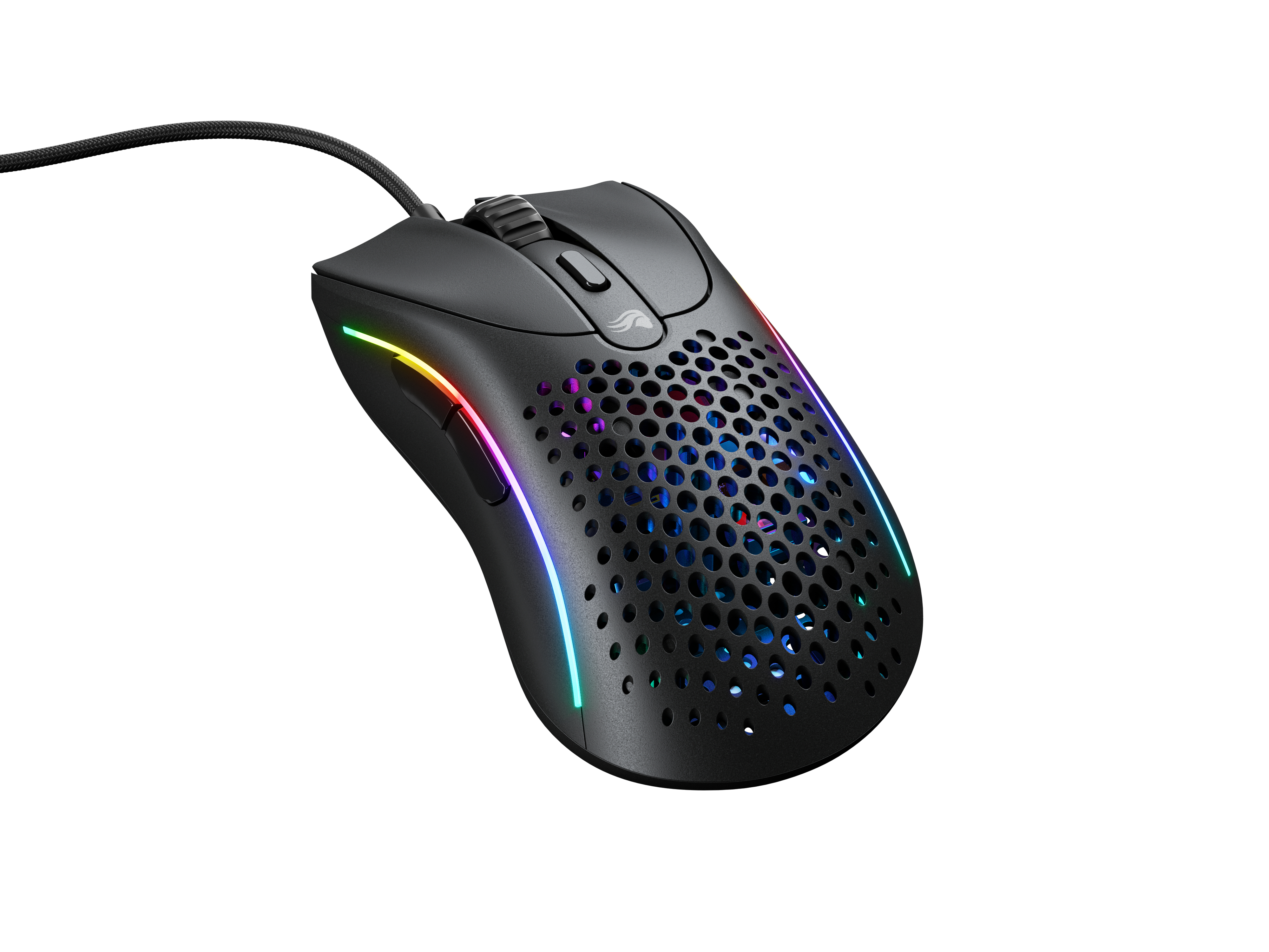 A black gaming mouse with holes and colorful lights and a black cord.