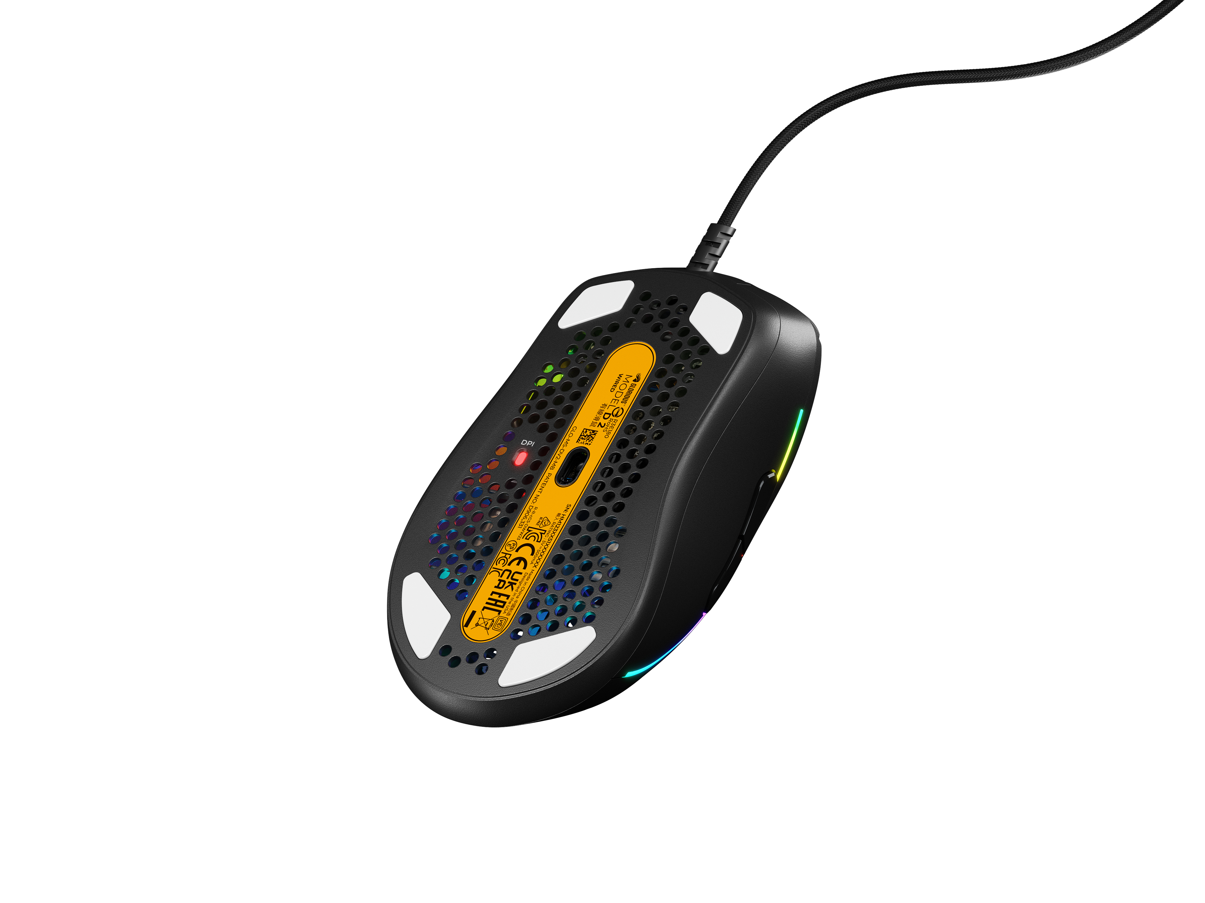 Black gaming mouse, underside view, with a black cable. The bottom has ventilation holes and lights.