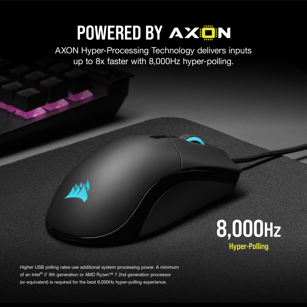 Zwarte computermuis op een pad, tekst luidt "POWERED BY AXON".