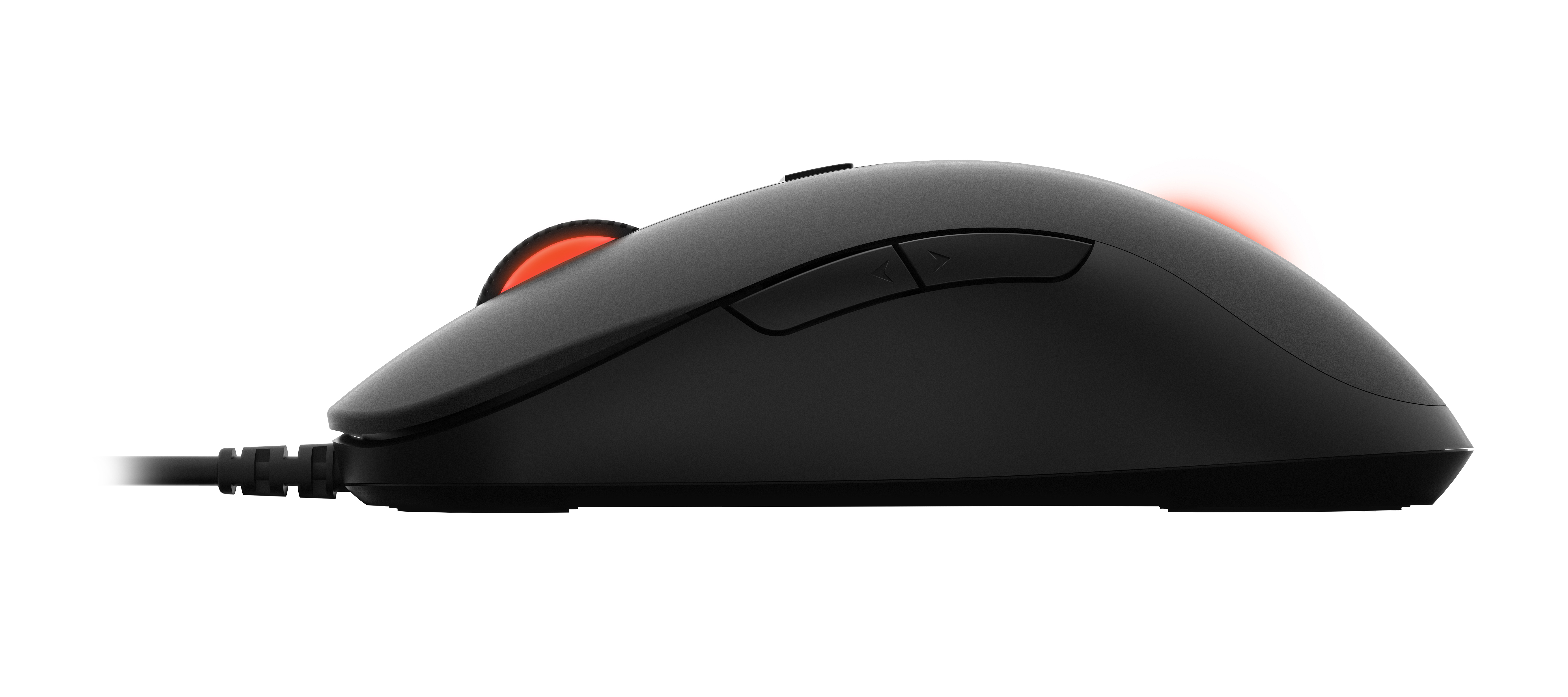 Ratón negro con acentos rojos, vista lateral. Tiene botones y un cable.