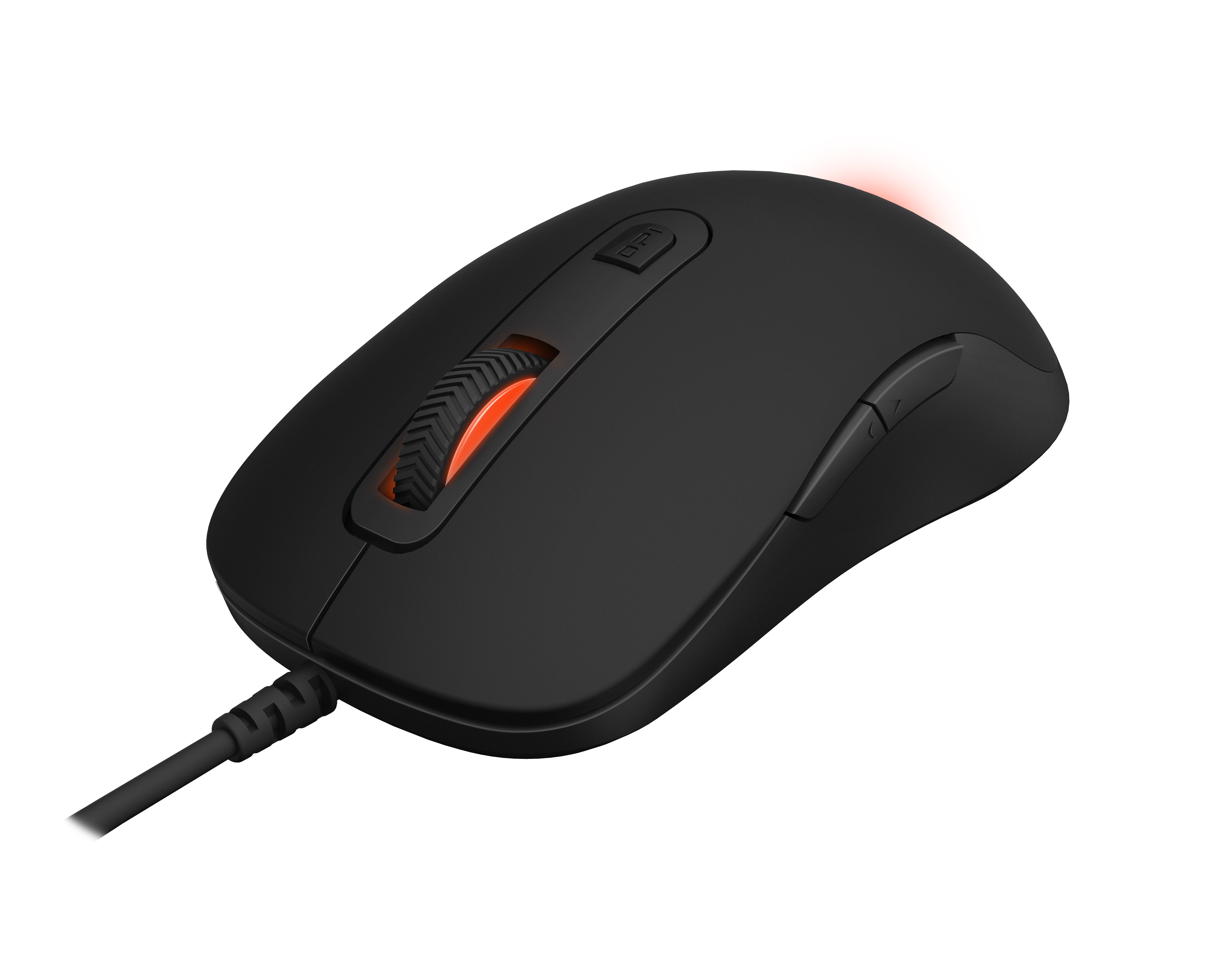 Ratón gaming negro con rueda de desplazamiento y botones rojos. La parte superior tiene una luz roja.