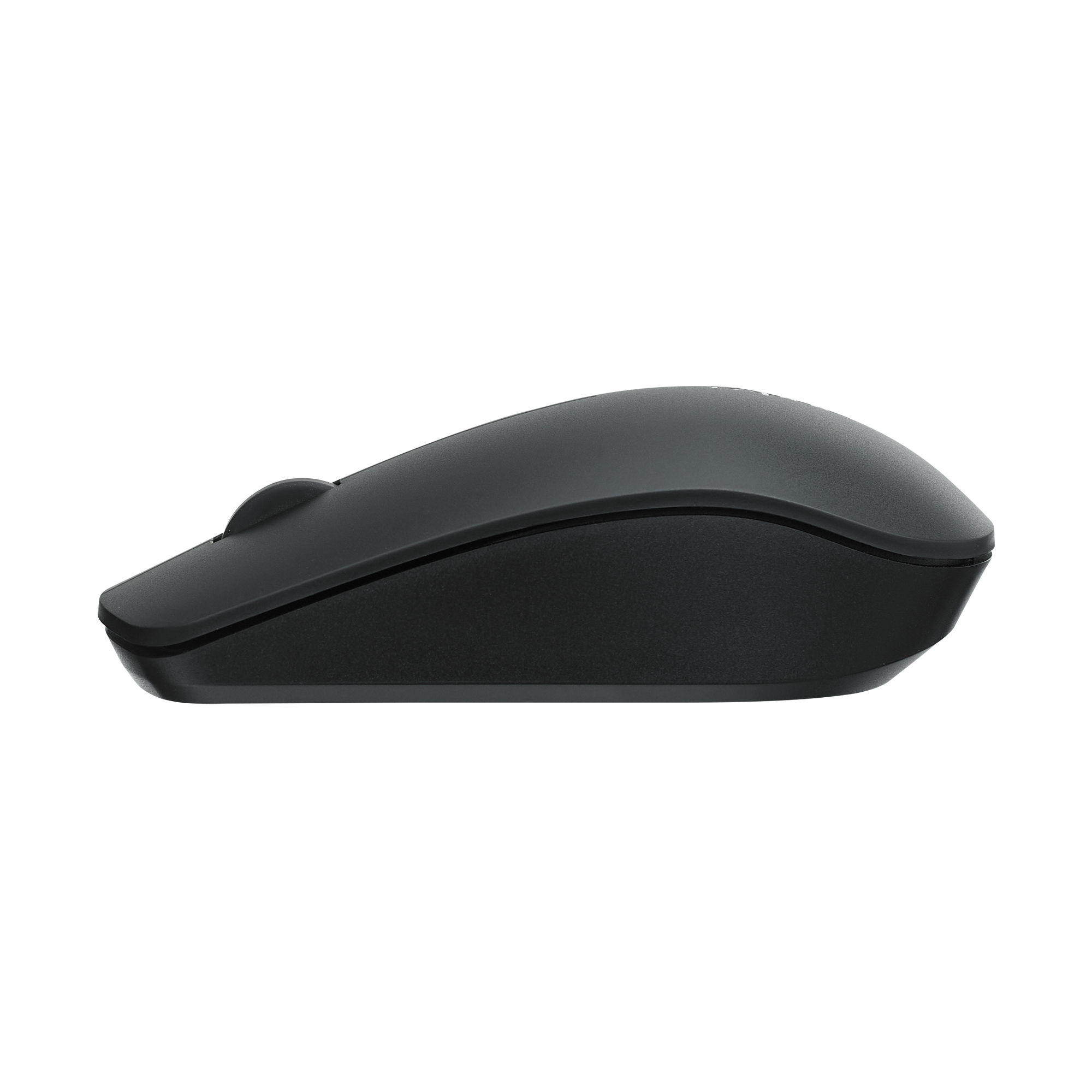 Un mouse nero, vista laterale, con un design liscio e curvo. Su sfondo bianco.