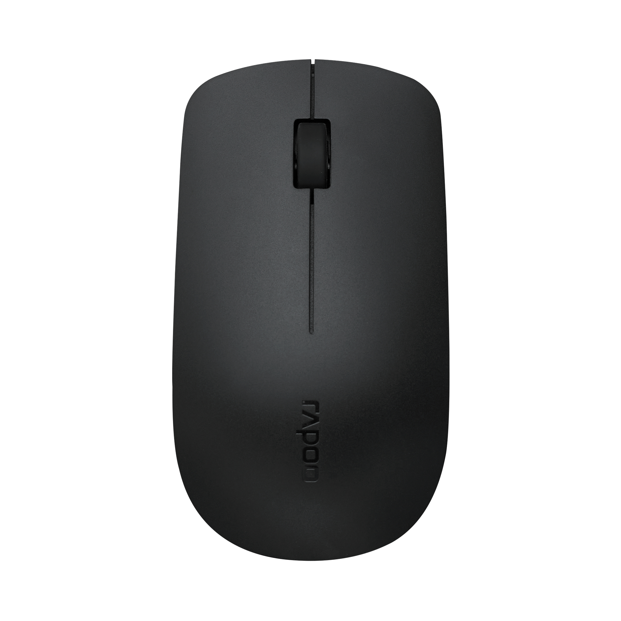 Mouse nero, vista dall'alto, con logo RAPE.