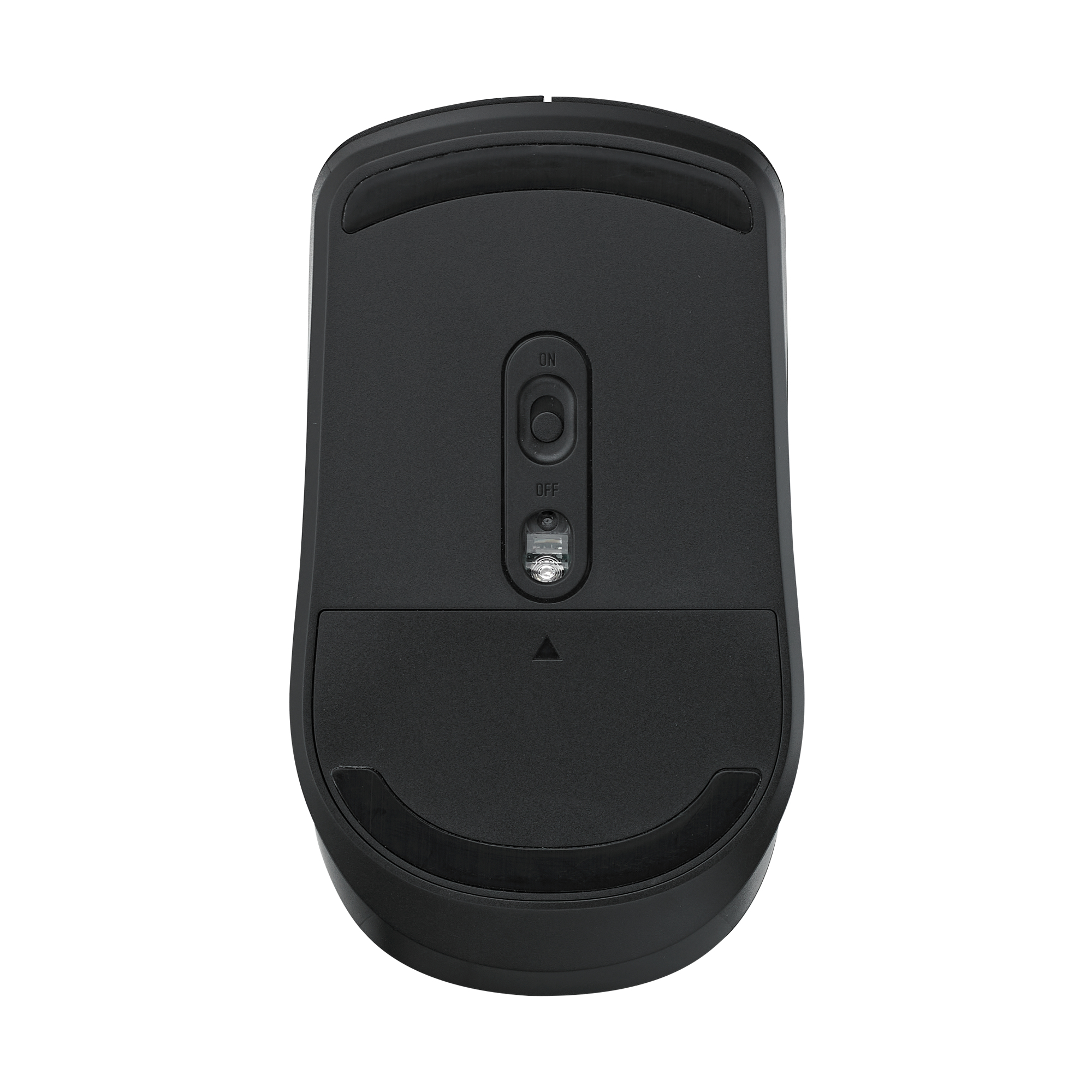 La parte inferiore di un mouse nero. Il mouse ha due cuscinetti.