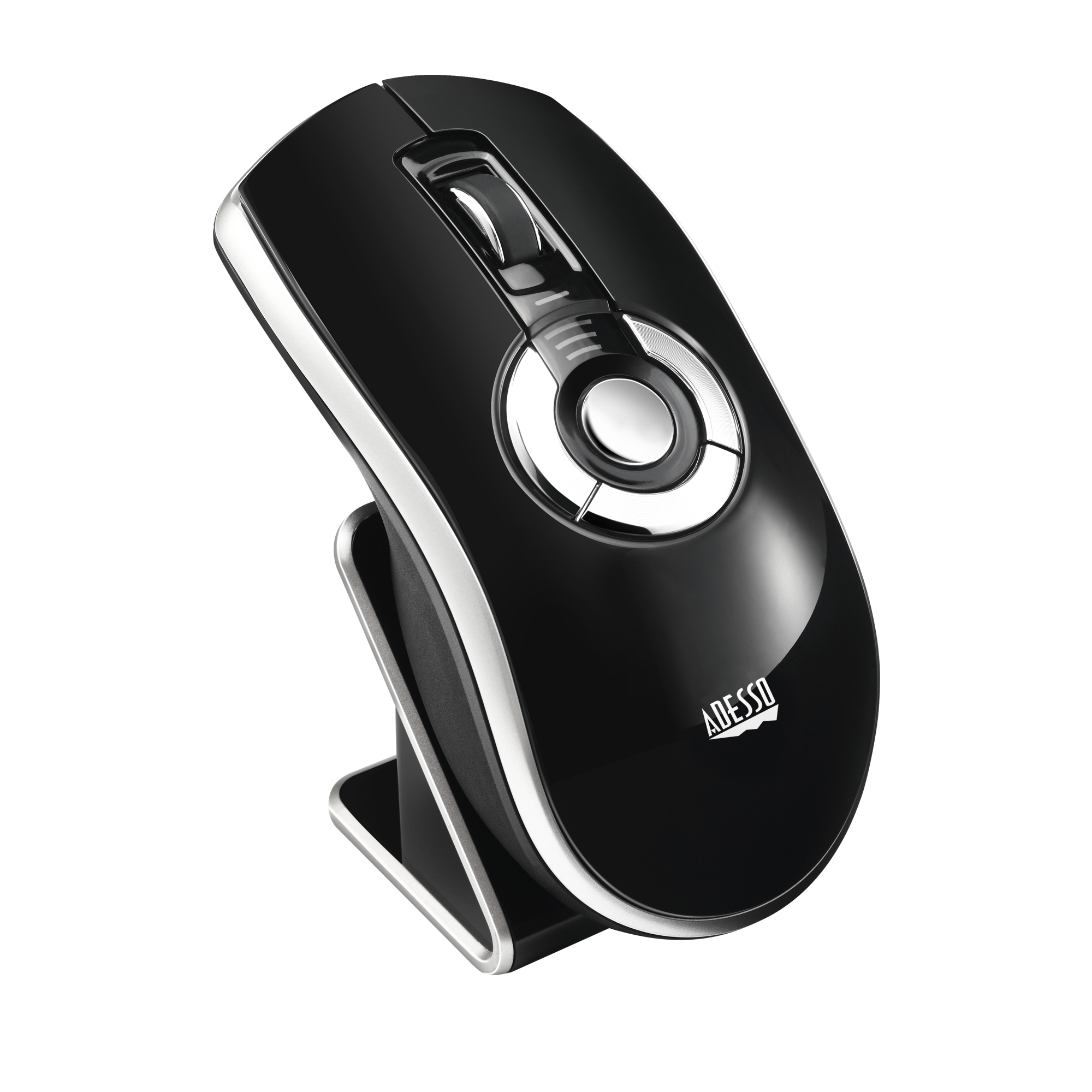 Mouse nero su un supporto. Design nero e argento. Sfondo bianco.