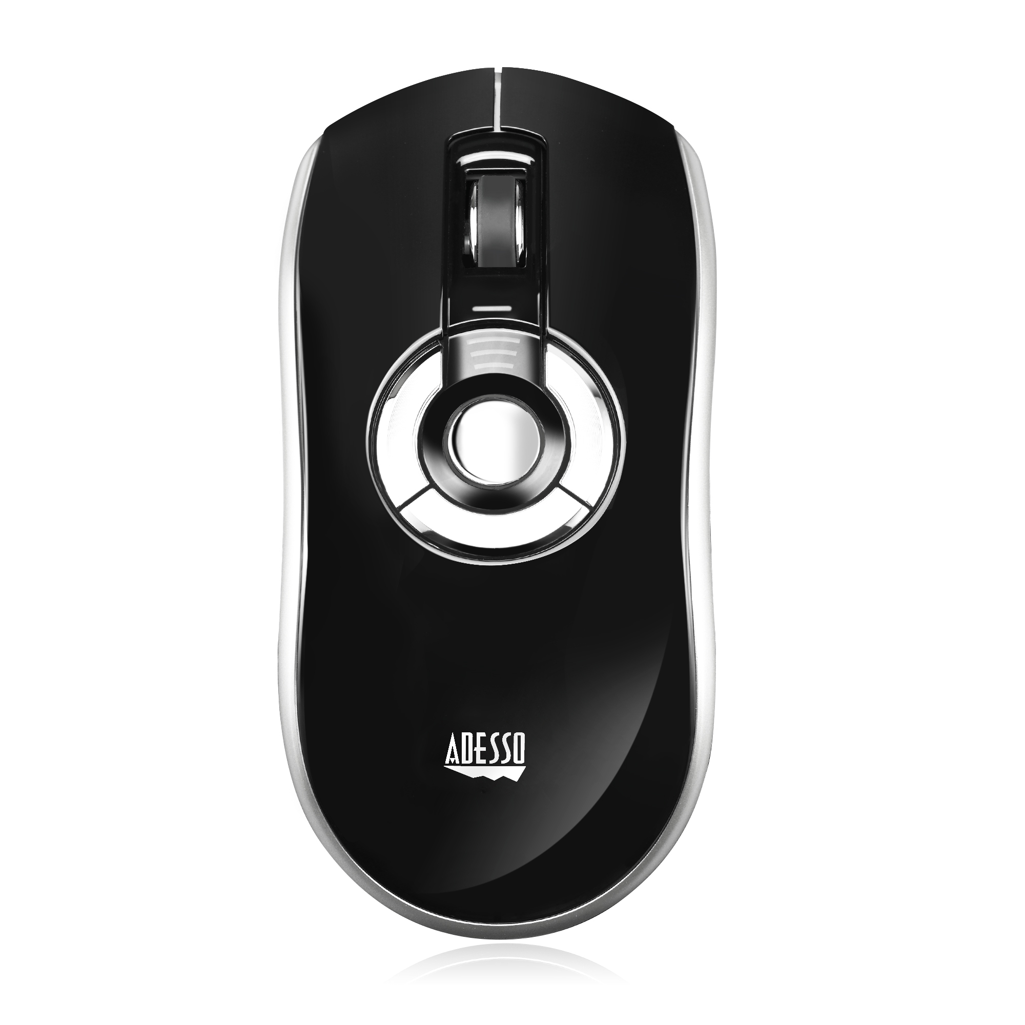 Mouse nero con finiture argentate, vista dall'alto. Il mouse ha una rotella e il logo ADESSO.