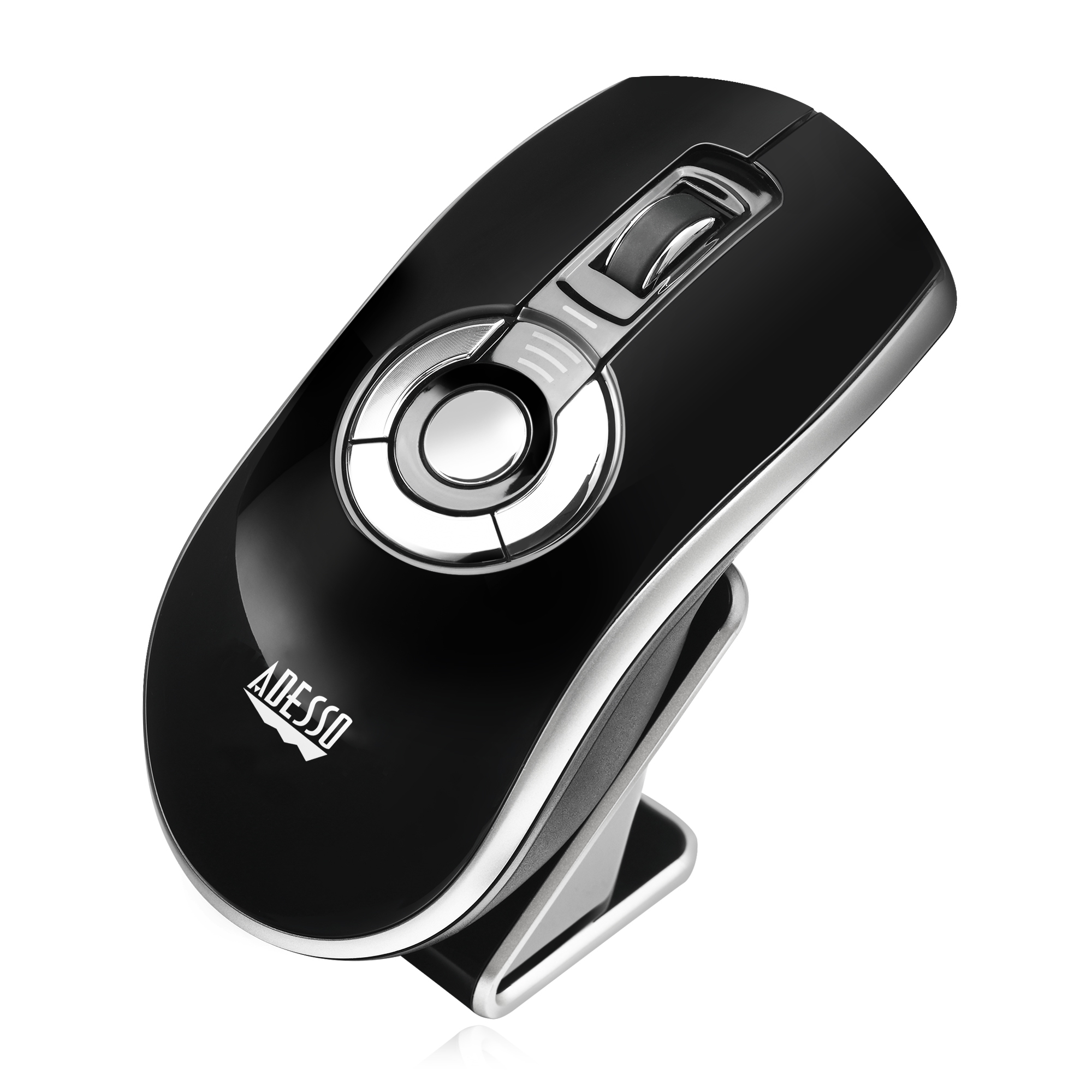 Mouse nero su supporto, con dettagli metallici e logo ADESSO su bianco.