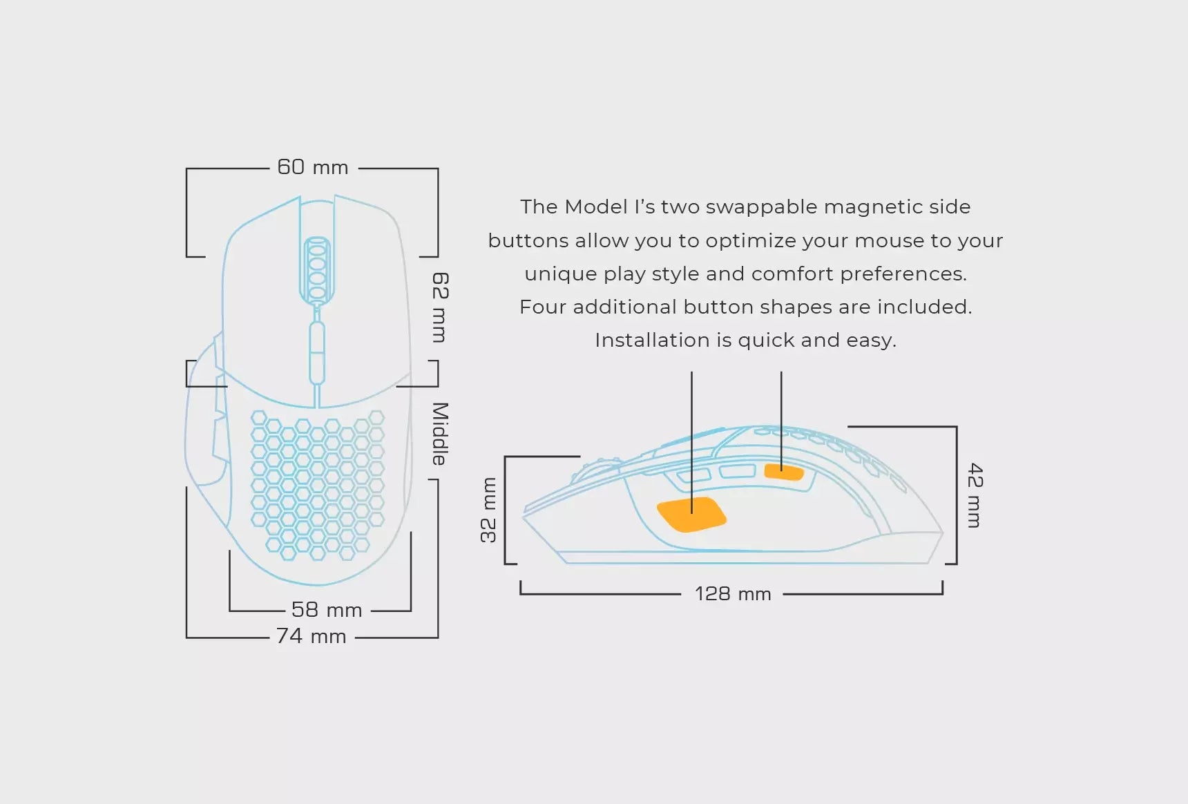 Diagramma di un mouse con dimensioni e testo. Sfondo bianco.