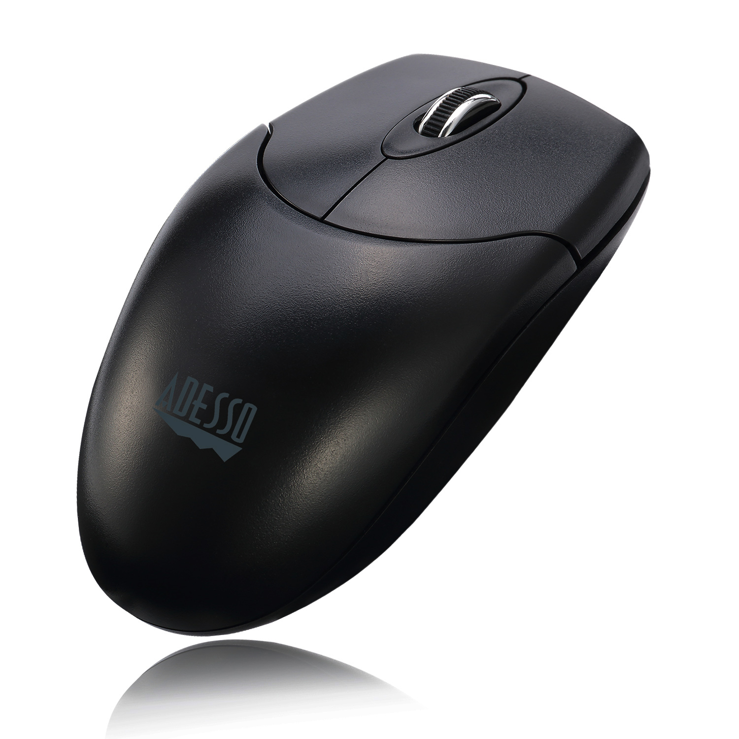 Mouse nero con logo Adesso. Vista dall'alto, design pulito. Riflesso.